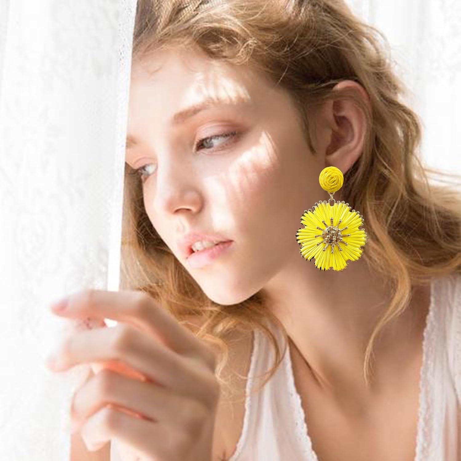 Rattan Flower Dangle Earrings for Women Bohemian Handmade Straw Wrapped Flower Daisy Rattan Earring Summer Beach - Image 3