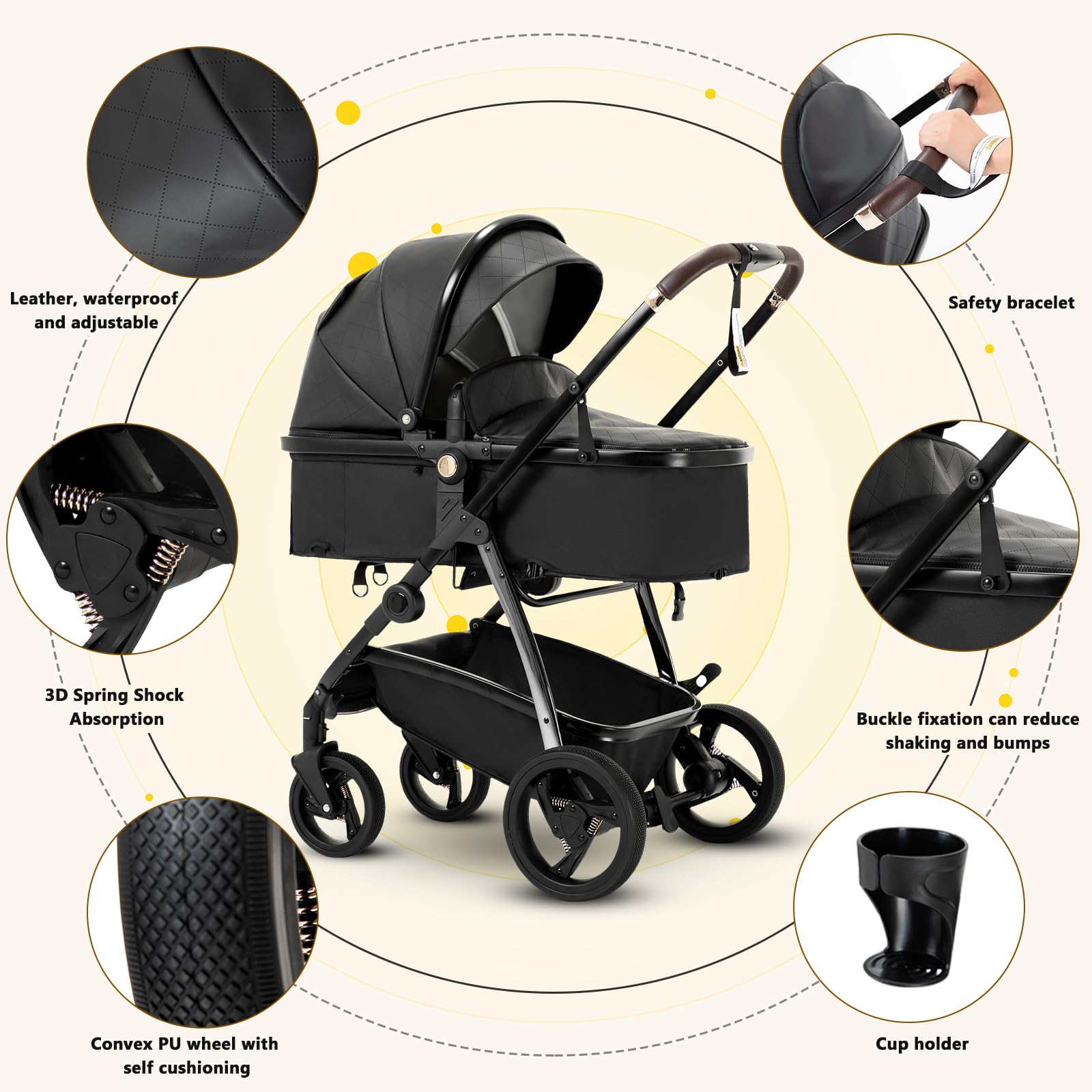 Gcarebb Cueros 3 en 1 Pushchair, City Strollers with Car Seat, Portable One-Click Folding Walking Stick Stroller, Landscape Combined Strollers High Aluminium Frame