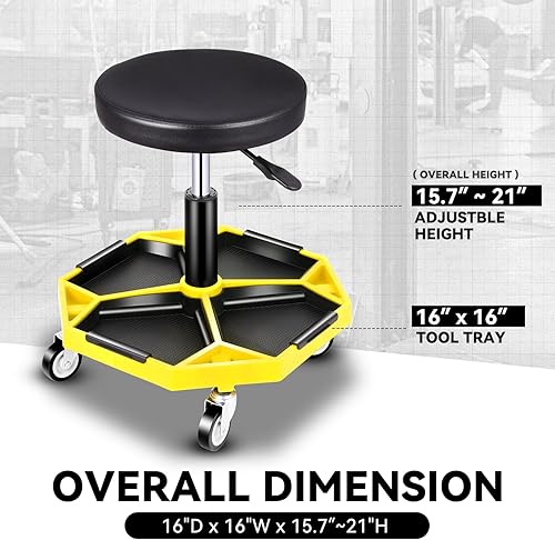 Miniatura 14 de Auto Dynasty Taburete mecánico, asiento de garaje neumático ajustable con bandeja de herramientas, asiento de rodillo de 300 libras para reparación