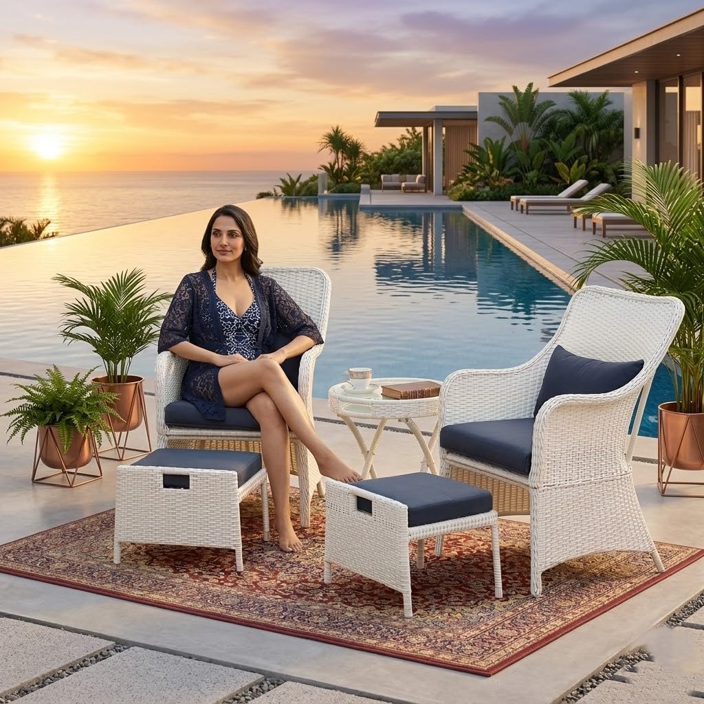 LOCCUS 5-Piece Outdoor Wicker Patio Furniture Set – Rattan Sofa with Cushions & Coffee Table, Garden, Balcony & Lawn Conversation Bistro Set (White & Blue)-image-23
