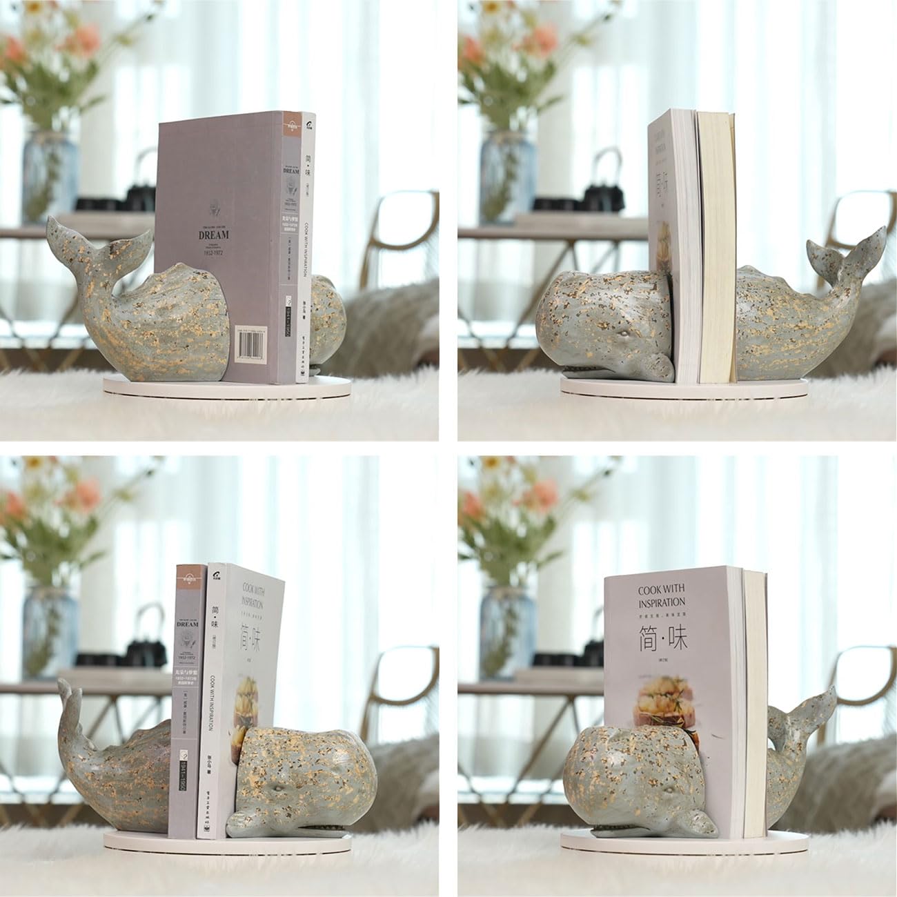 HAUCOZE Portalibri Reggilibri Balena Scultura Statua Marina Decorazione Figurina Moderna Arte Regalo per Famiglia Amici Amanti Resina 24cm