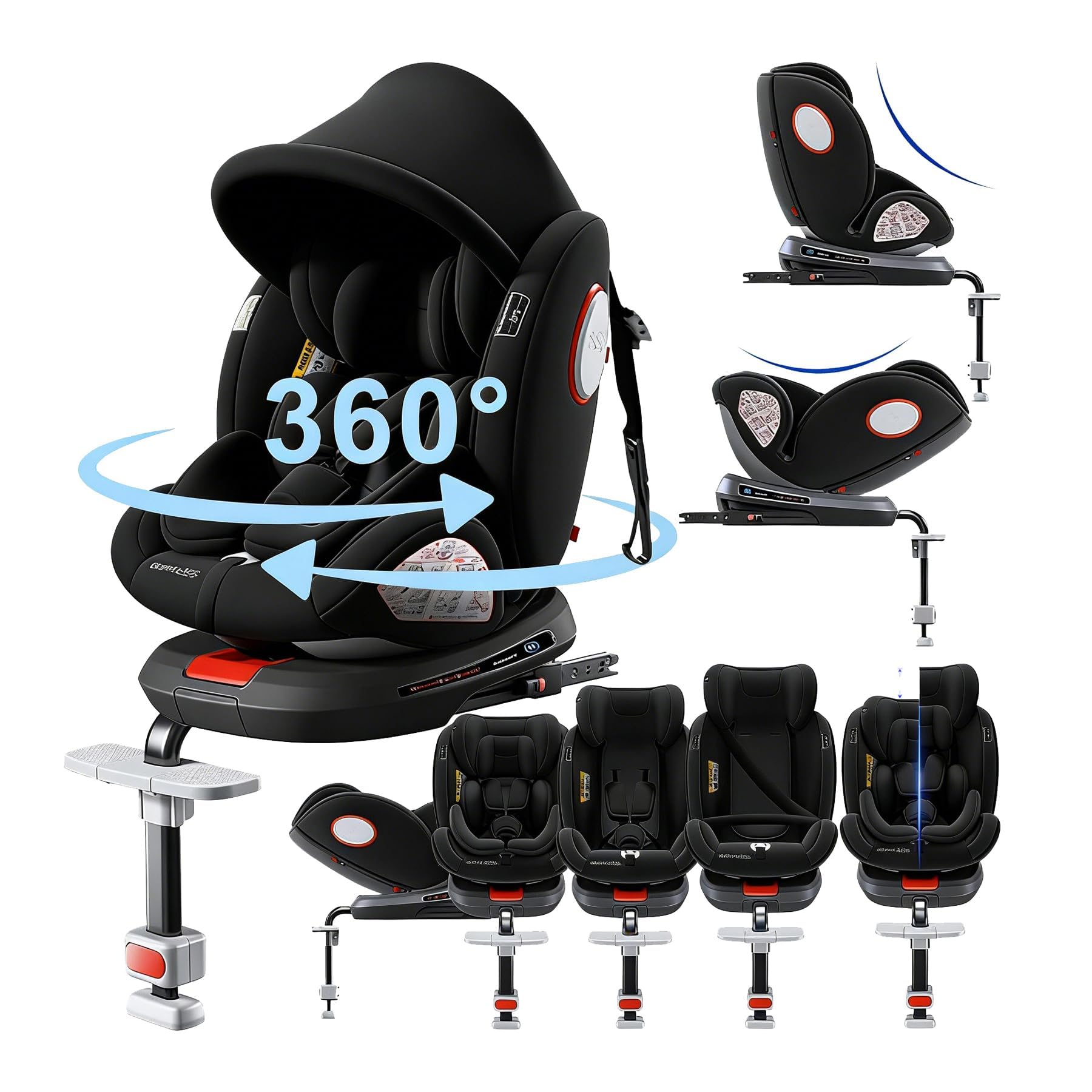 Silla de Auto Doraystar Giratoria de 360°, Reclinable Y con Reposacabezas Ajustable (Black-Upgraded Version)