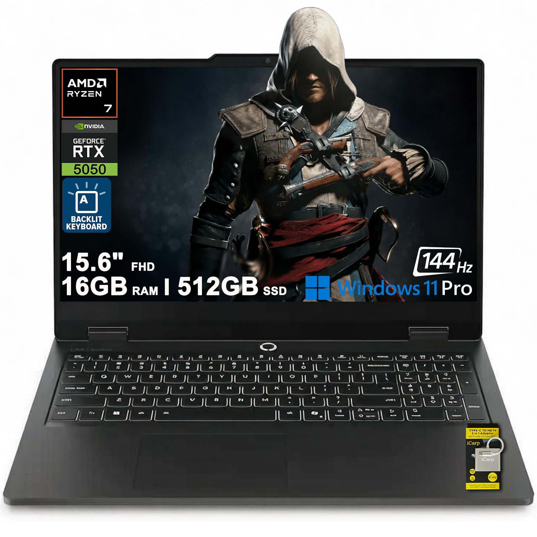 Lenovo LOQ Gaming AI Laptop 15,6" FHD IPS 144Hz (100% sRGB FreeSync) AMD 8-core Ryzen 7 170 16 GB RAM 512 GB SSD GeForce RTX 5050 GDDR7 (440 AI Tops) Nahimic Privacy Camera Win11Pro ICP Acc