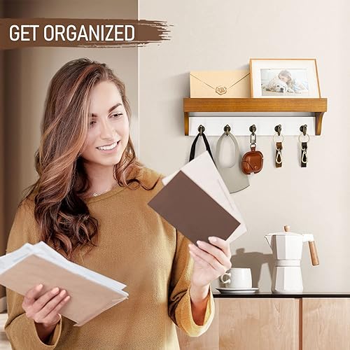 Miniatura 3 de Rebee Vision Soporte para llaves y correo para pared con estante, decoración de casa de campo con 5 ganchos rústicos para llaves y organizador de