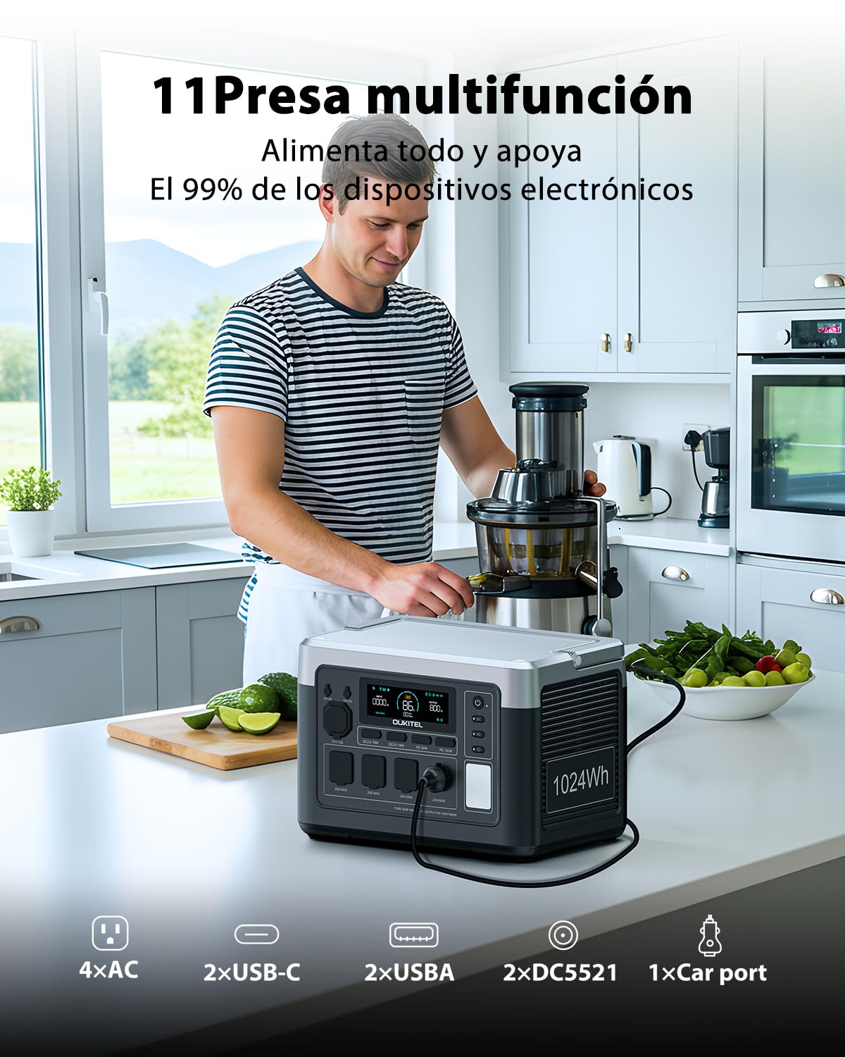OUKITEL P1000 Plus Generador Solar, 1024Wh LFP Batería Respaldo, 4 Tomas CA 1800W (3600W Pico), 25% Más Pequeño, Energía para Acampar, Cortes, UPS Backup