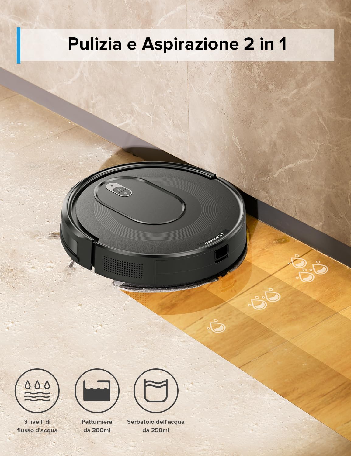Cleanova W7 Robot Aspirapolvere Lavapavimenti 4000Pa, Serbatoio