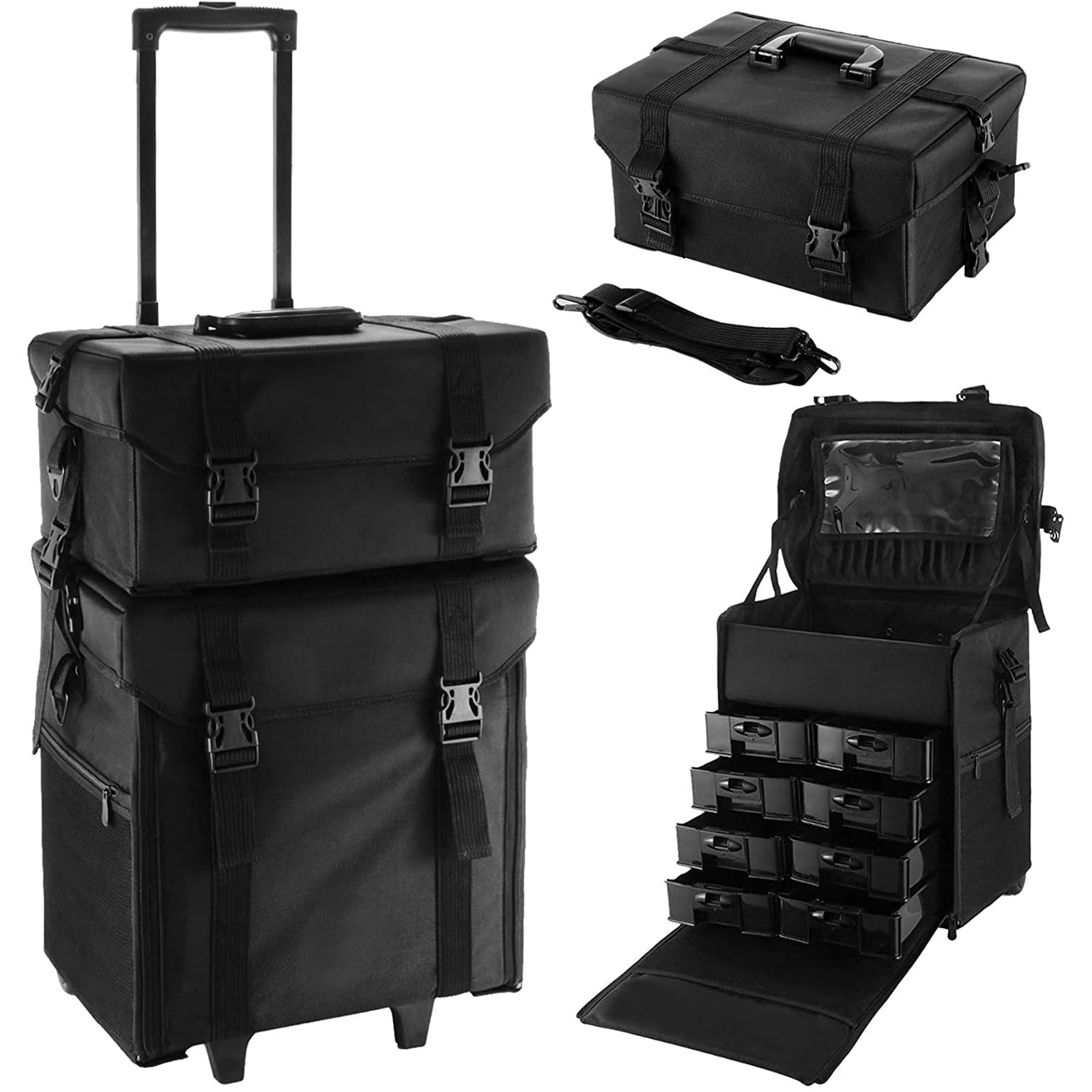 Valigetta cosmetica rimovibile 2 in 1, trolley con ruote e timone, con 8 cassetti, valigetta per unghie, truccatori e manicure, colore nero