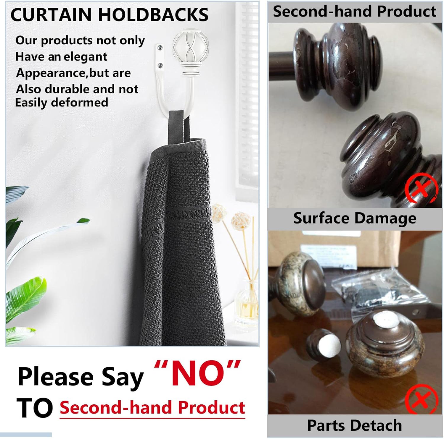 KAMANINA Bundle of 72-144" Double Curtain Rod and Matched Holdbacks 1 Pair, Netted Texture Finials, Ivory White