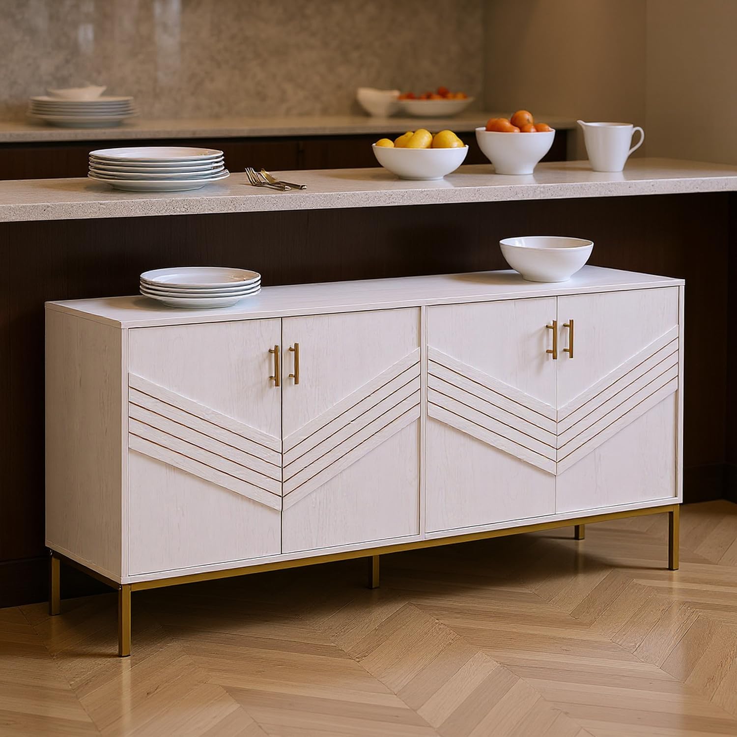 HOMYLIN Armadietto da buffet con multi-ante e gambe dorate, armadietto multiuso per caffetteria o cucina, bianco