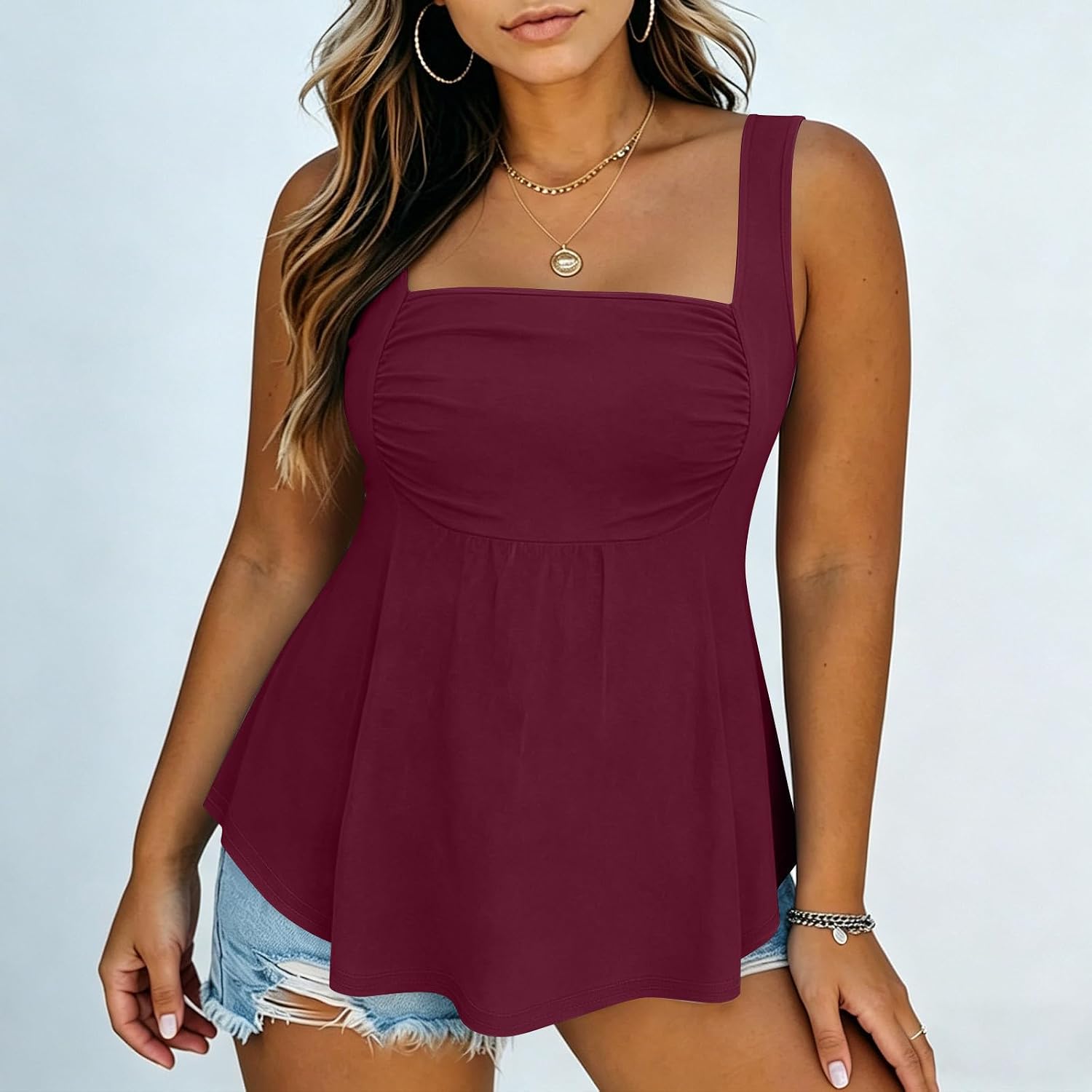 Oplxuo Women's Square Neck Peplum Tank Top Ruched Bust Sleeveless Casual Flowy Blouse