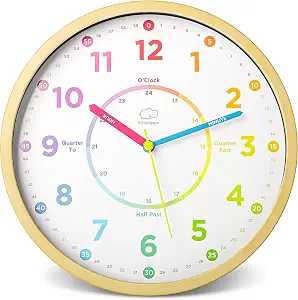 LittleHippo Learning Clock for Kids - Teaching to Tell Time, Silent Wall Clock