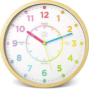 LittleHippo Learning Clock for Kids - Teaching to Tell Time, Silent Wall Clock for Nursery, Bedroom, Playroom, Classroom