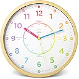 LittleHippo Learning Clock for Kids for Teaching to Tell Time - Kid's Analog, Silent, Non-Ticking Wall Clock for Bedrooms, Nursery, Playroom, School Classroom, Study to Learn to Tell Time