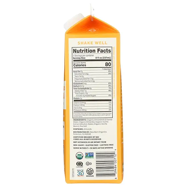 NEW BARN Organic Unsweetened Vanilla Almond Milk, 32 FZ 7