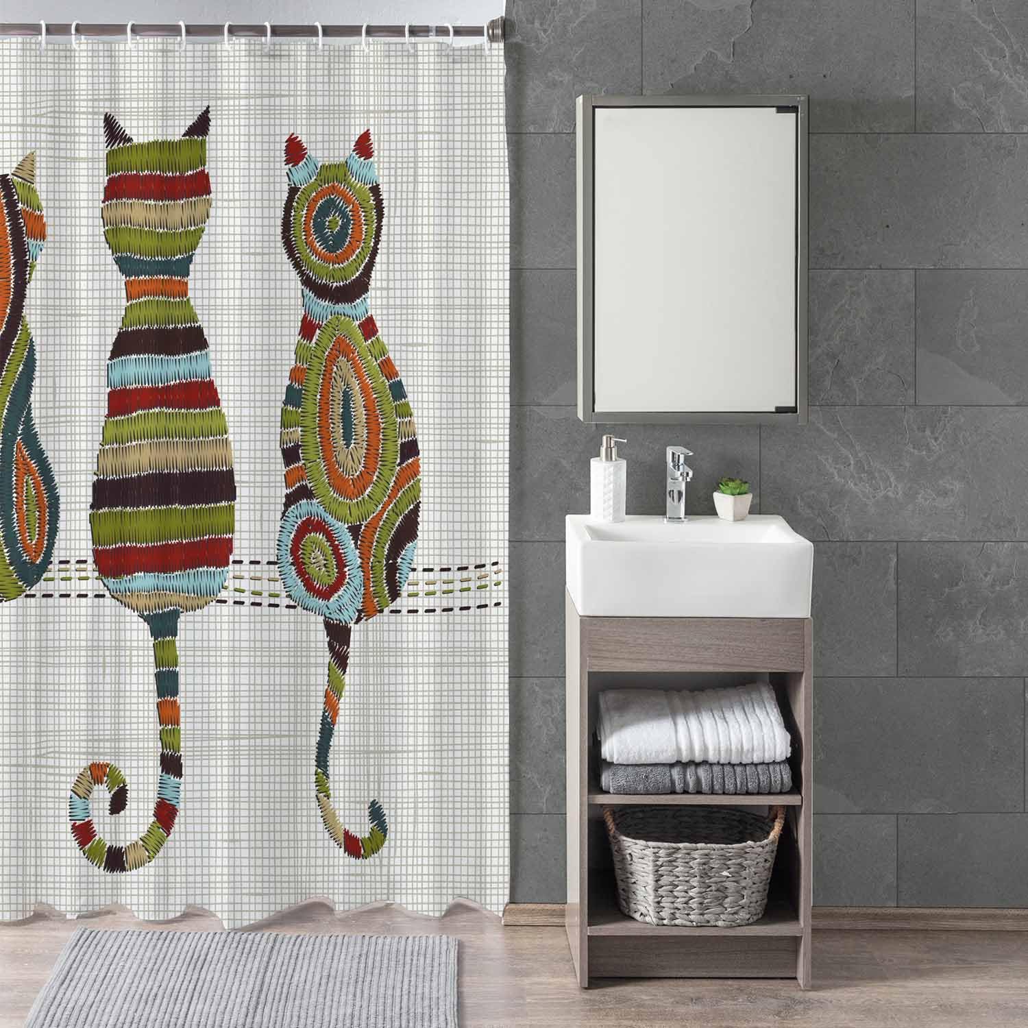 Woutay Shower Curtain Mould Proof Resistant Folk Embroidery Cats,Water Repellant Fabric,Polyester,Size 180x180CM - Image 3