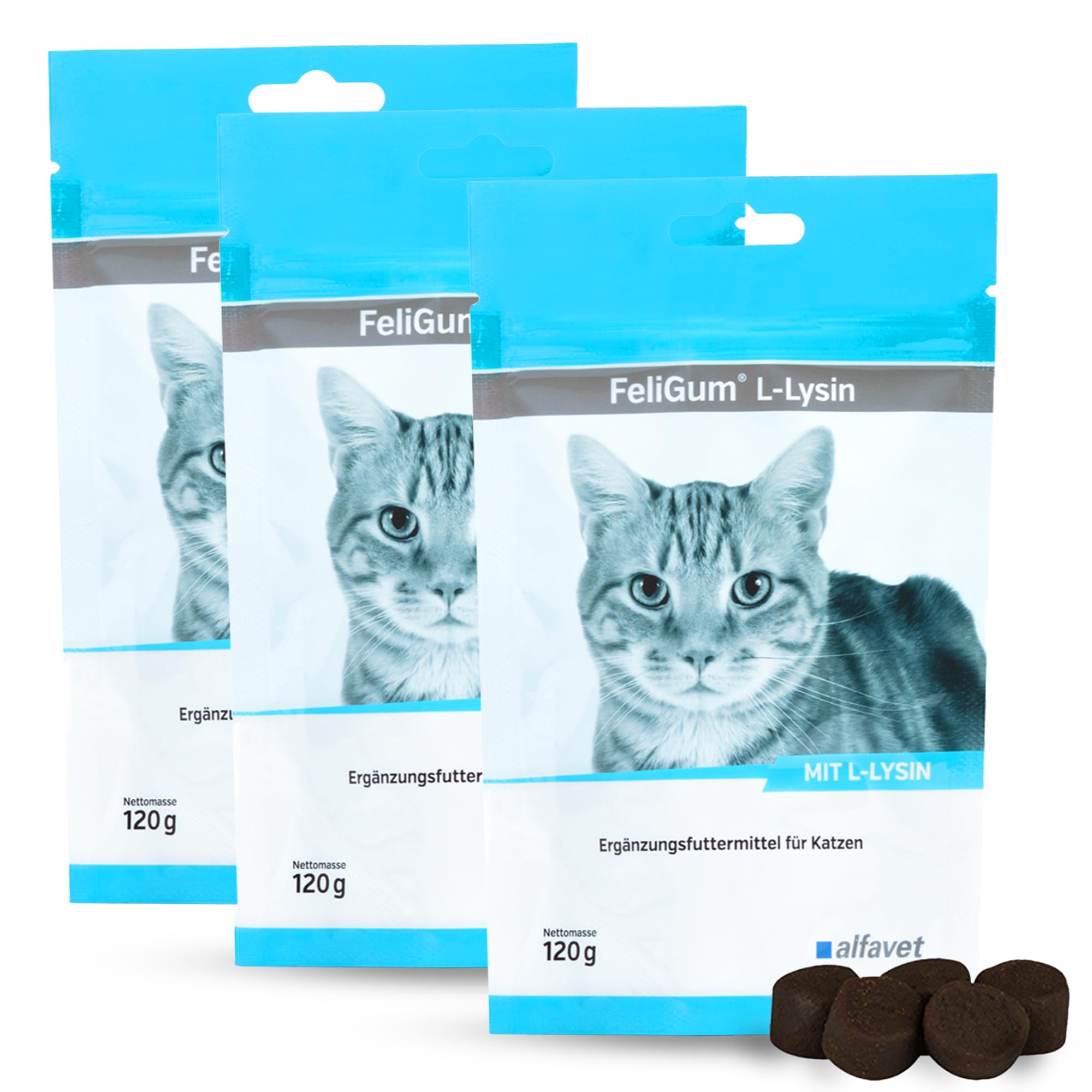 Alfavet FeliGum L-Lysine - Alimento complementario para Gatos resfriados - 3 Bolsas de 120 g, Aprox. 180 Pastillas masticables