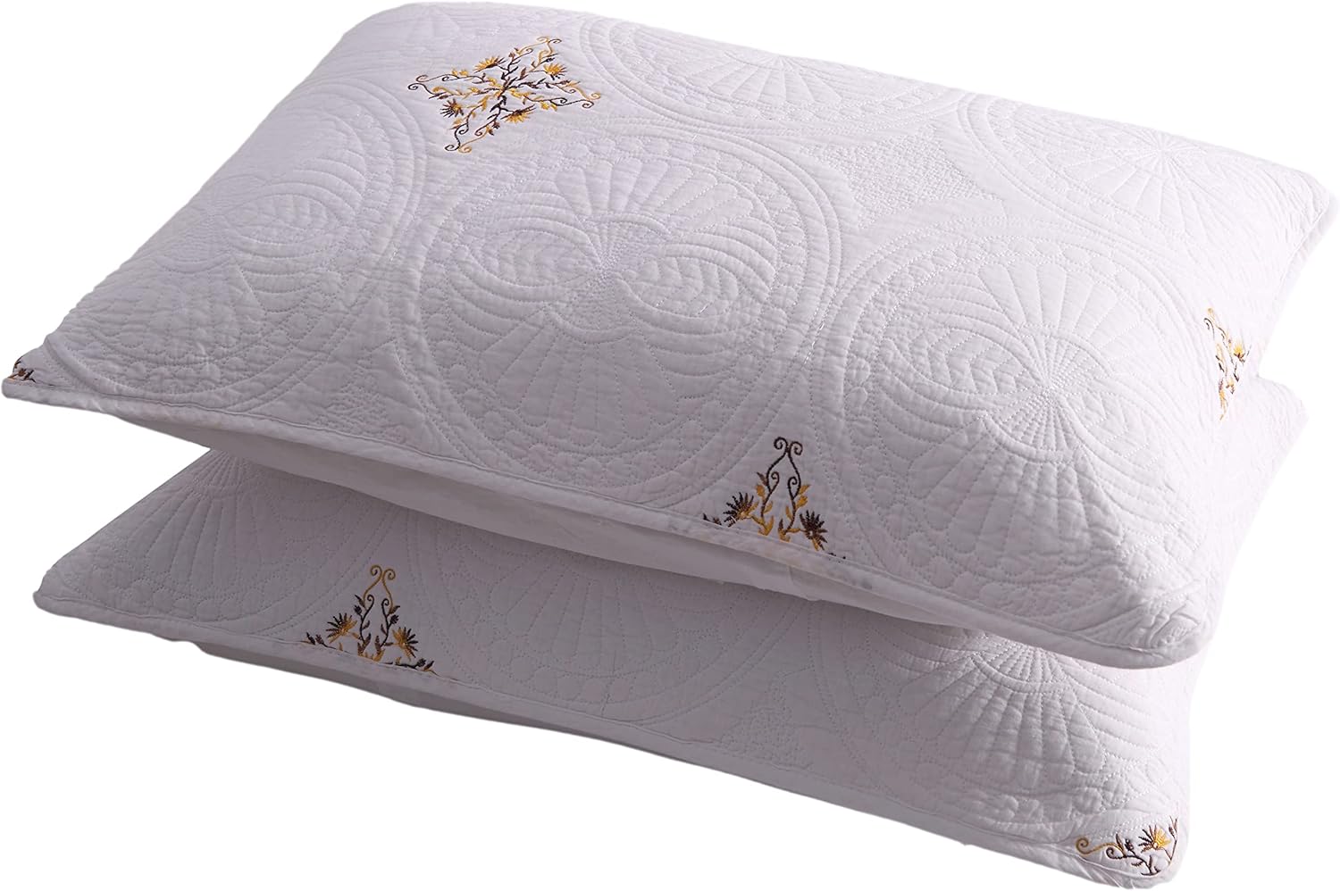 100% Cotton Quilted Pillow Shams Set of 2,Vintage Farmhouse Geometric Embroidered Decorative Pillow Covers for Full Queen Size Bed (Beige Geometric,20"x27")