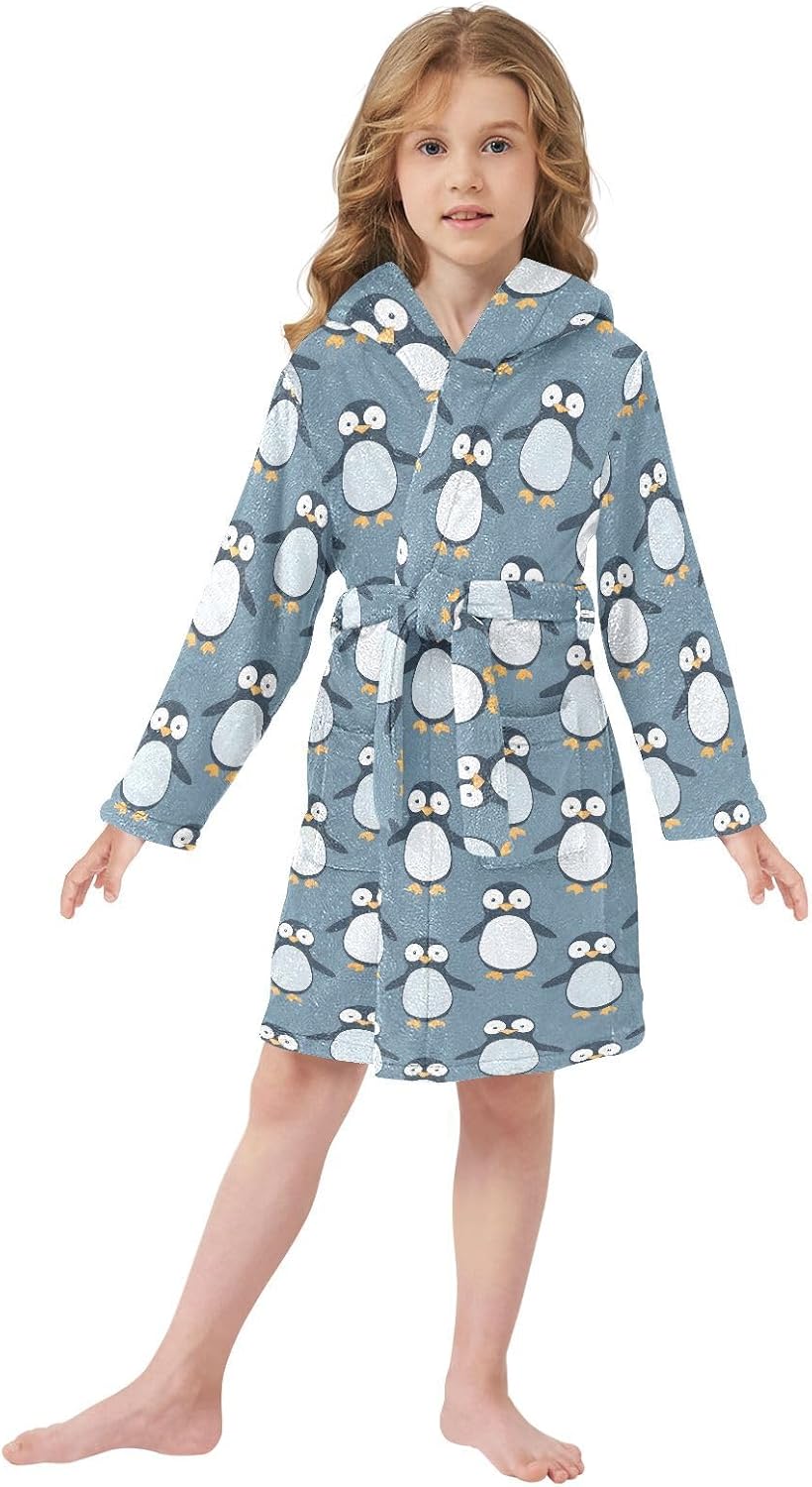 senya Penguin Big Eyes Toddler Hooded Bathrobe Kids Soft Plush Bath Towel Robes for Boys Girls 2-12 Years