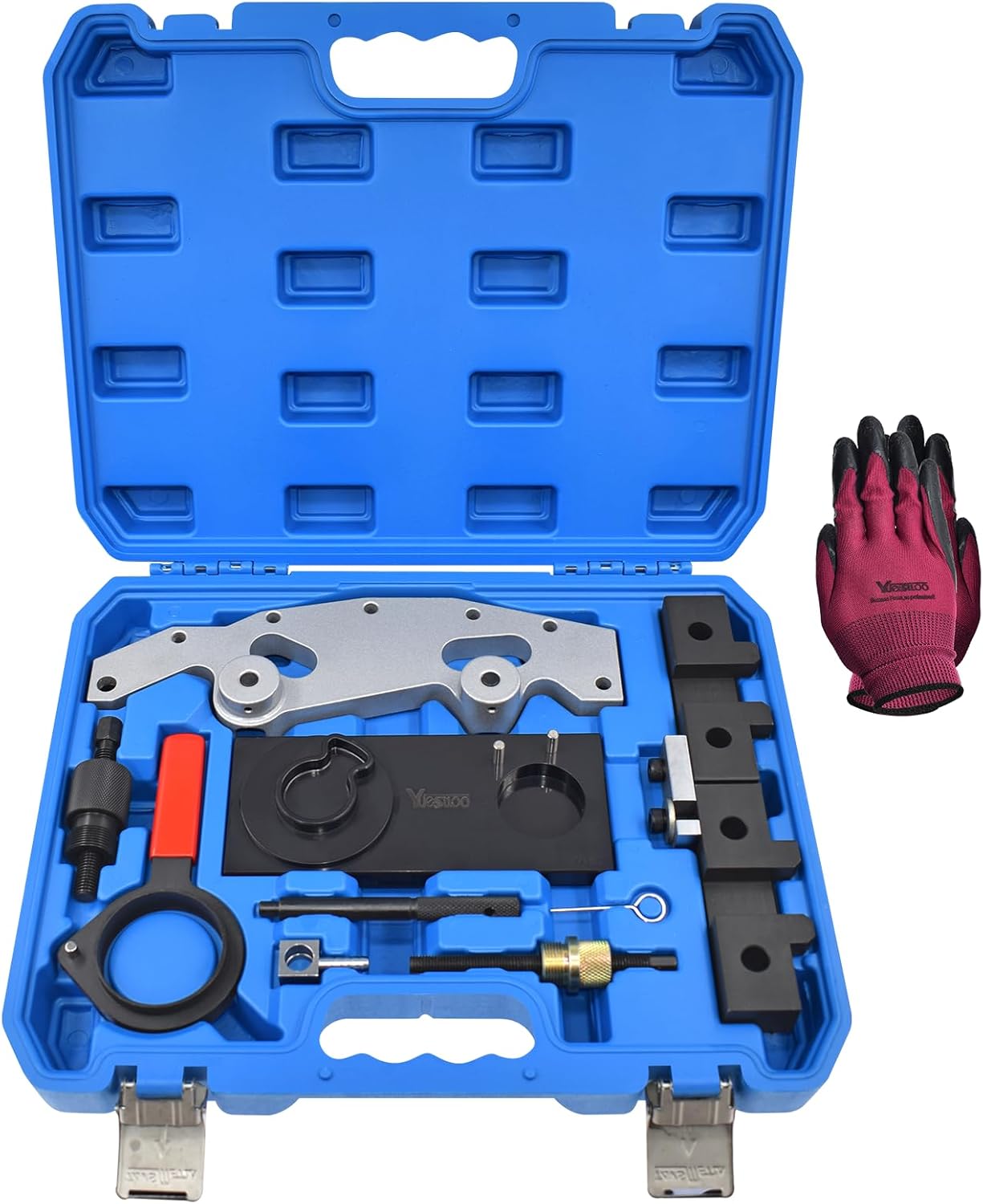 Double Vanos Camshaft Alignment Locking Tool Kit, Compatible with BMW M52, M52TU, M54, M56, 325i, 325xi, 325Ci, 330i, 330xi, 330Ci, 328i, 328Ci, 528i, 525i, 530i, X3 2.5i / 3.0i, with Gloves