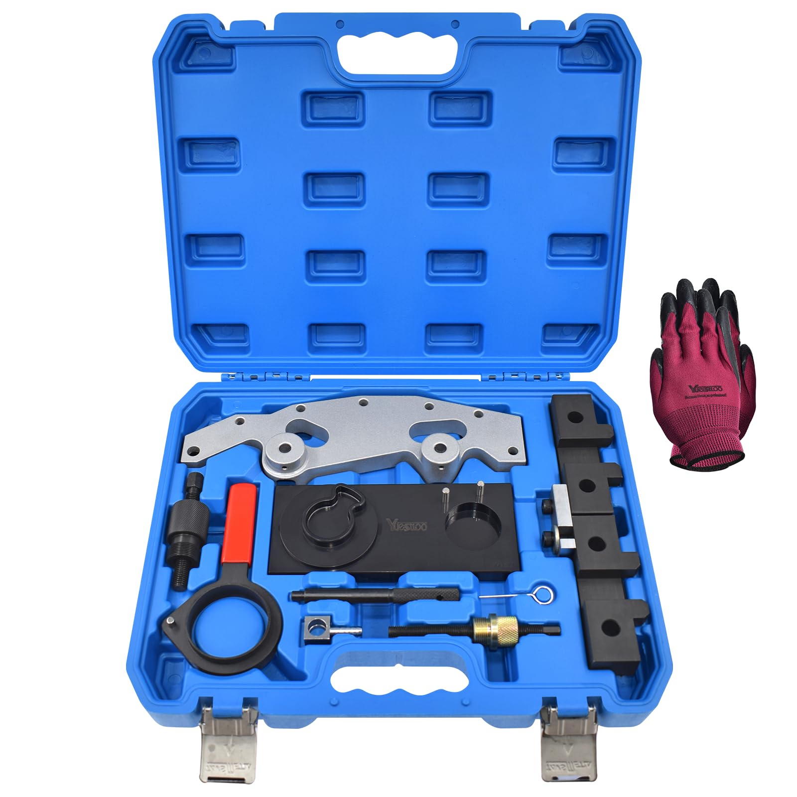 Double Vanos Camshaft Alignment Locking Tool Kit, Compatible with BMW M52, M52TU, M54, M56, 325i, 325xi, 325Ci, 330i, 330xi, 330Ci, 328i, 328Ci, 528i, 525i, 530i, X3 2.5i / 3.0i, with Gloves