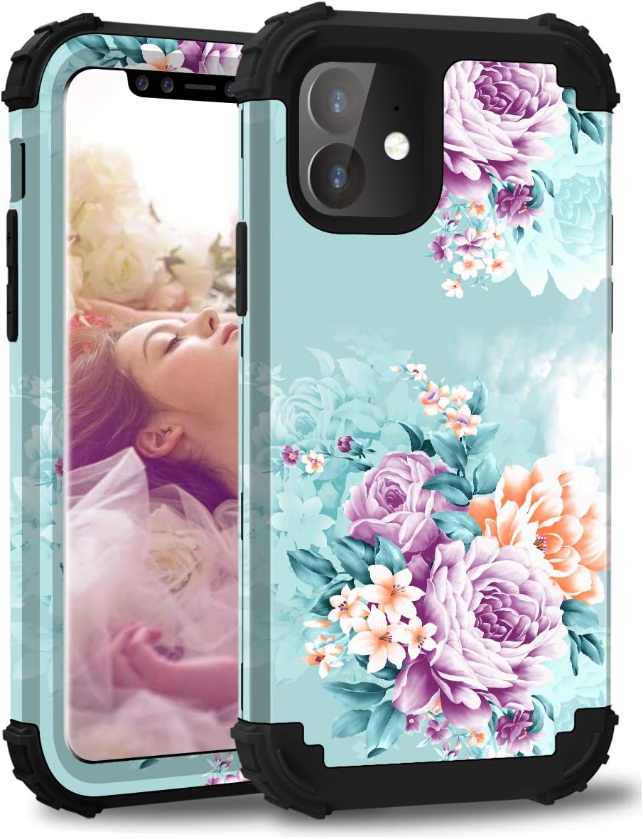 PIXIU Compatible with iPhone 11 6.1 inch case with 2pcs Tempered Screen Protector, Heavy Duty Dual Layer Shockproof Full-Body Protective Sturdy Hybrid Cute Rainbow Marble Case for Women,Girls,Kids