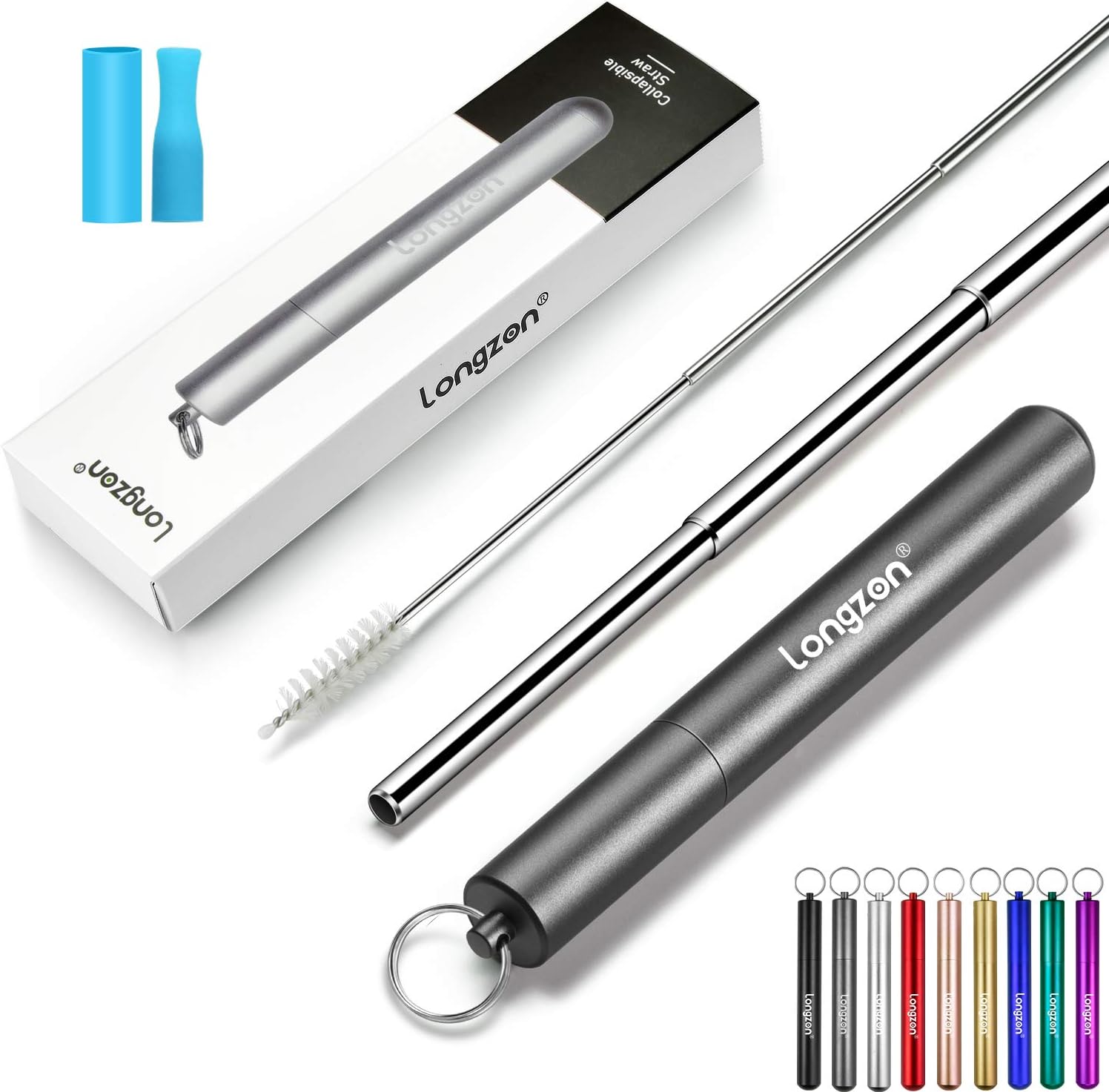 Paille inox, longzon pailles reutilisables, télescopique pliant de fer paille en inox metal