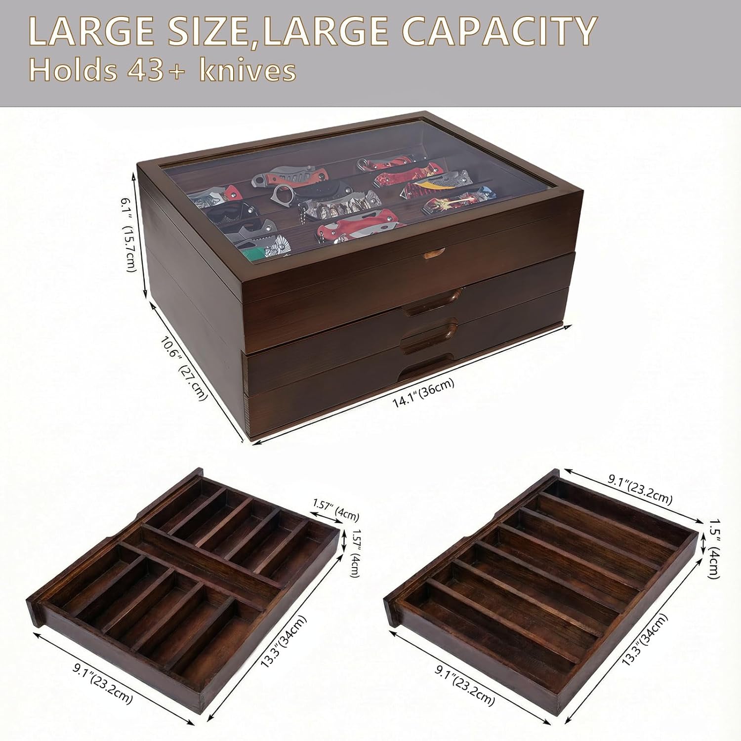 AUTOARK Knife Display Case Holds 43+ Knives,Large 3-Tier Wooden Organizer with Glass Top and Drawer,Gift for Men,Walnut,AHK-072