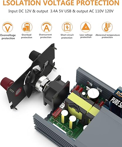 Miniatura 2 de Inversor de corriente de onda sinusoidal pura de 1000 W, 12 V CC a CA, 110 V, 120 V, potencia máxima, 2000 W, con 2 salidas de CA, inversor