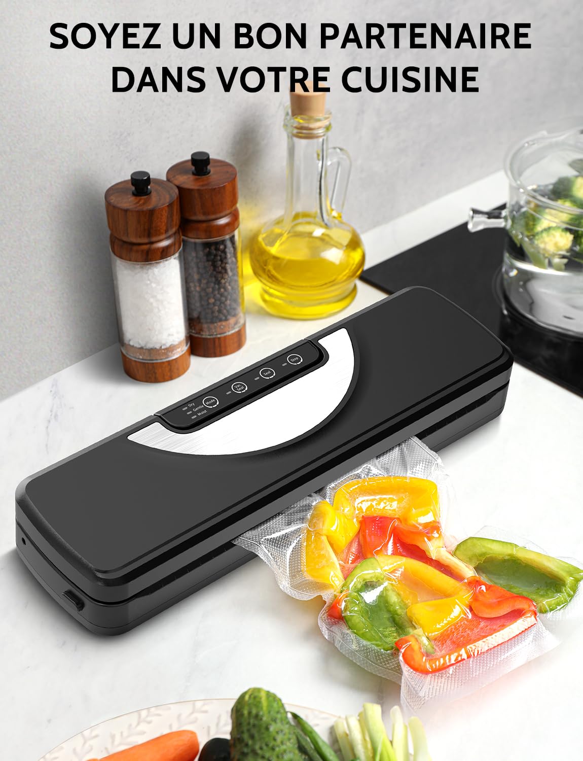 Machine Sous Vide Alimentaire 5 en 1 avec Couteau de Coupe, Machine Appareil Sous Vide Alimentaire avec Mode Sec et Humide, Inclus Sacs Sous Vide et Tuyau