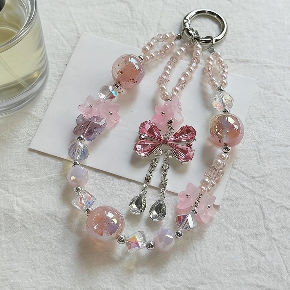Pink Flower Butterfly Phone Wrist Strap Beaded Phone Charm Wrist Strap Glitter Crystal Beaded Keychain Wristlet Cellphone Chain Wristlet Cute Bag Charms for Handbags Bow Cellphone Keychain Lanyard
