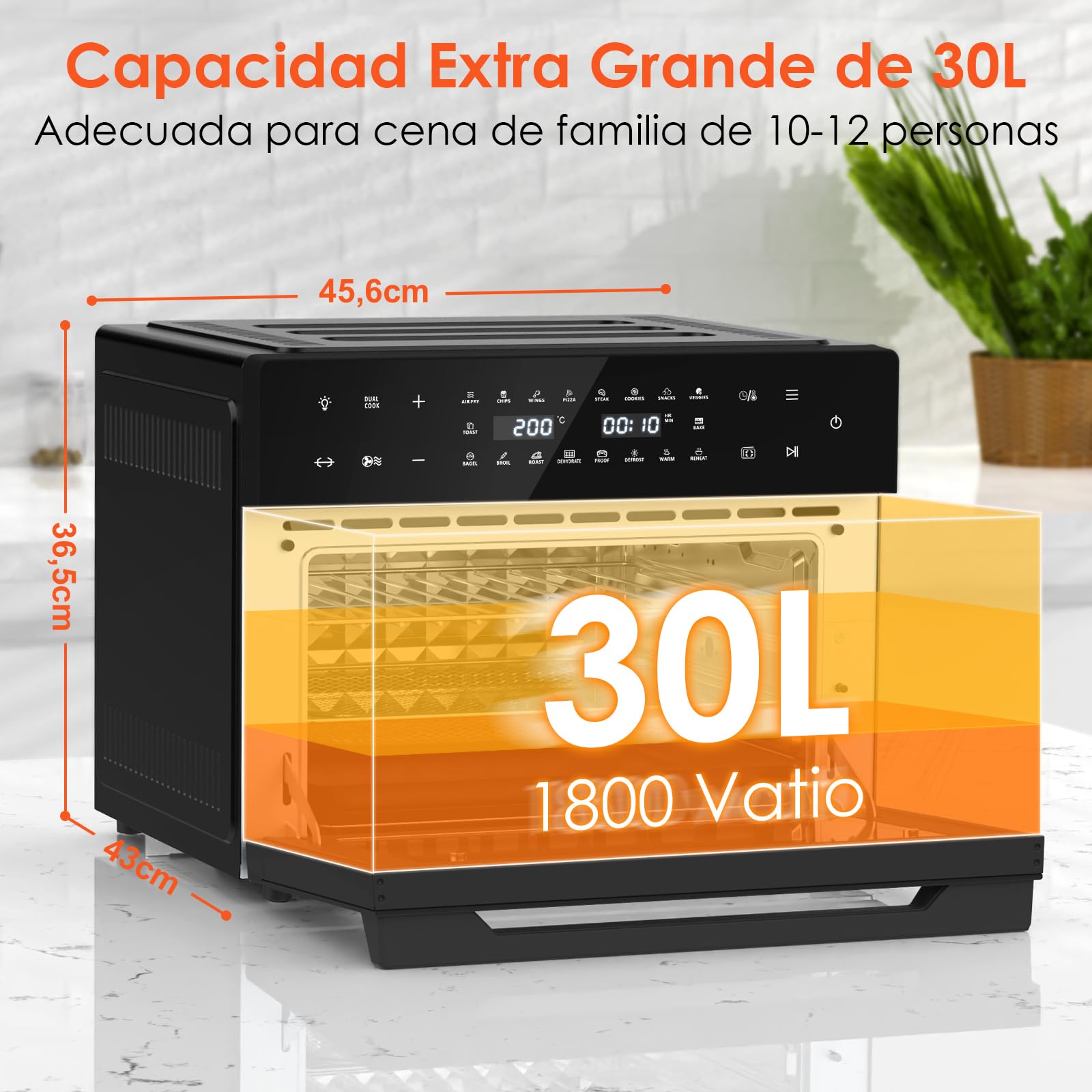 LLIVEKIT Freidora de Aire XXL 30 L con Asador Giratorio, 20 Programas | Horno Freidora sin Aceite con 9 Accesorios, Air Fryer Pantalla Táctil LED, Convección con Recetas, 1800W, 80°C-230°C