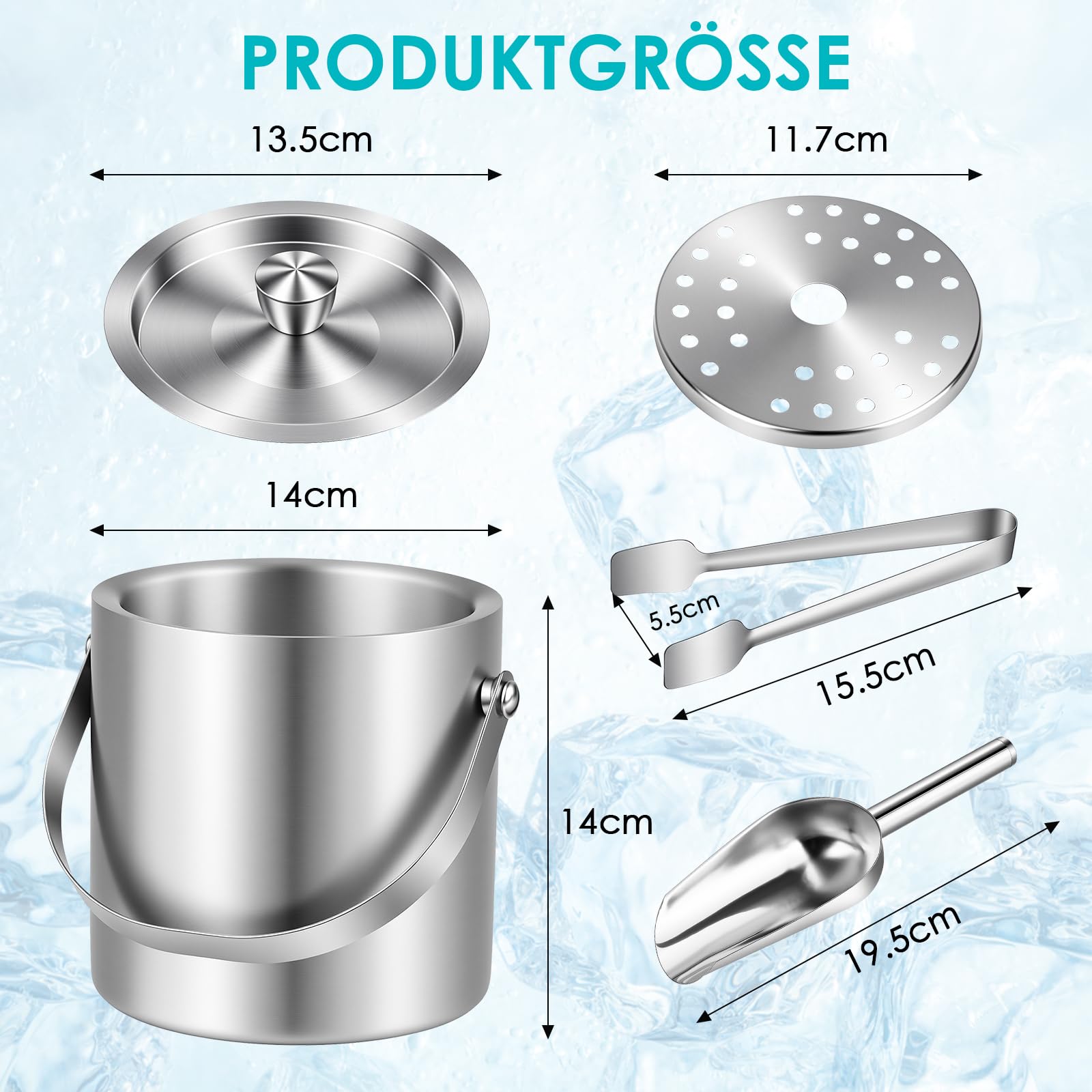 2L Eiswürfelbehälter, Eiskübel mit Deckel und Zange, Eisbehälter Edelstahl, 100% BPA Frei Eiseimer, Eiswürfel Aufbewahrungsbehälter für Bier, Früchten, Champagner, Riegel, Partys
