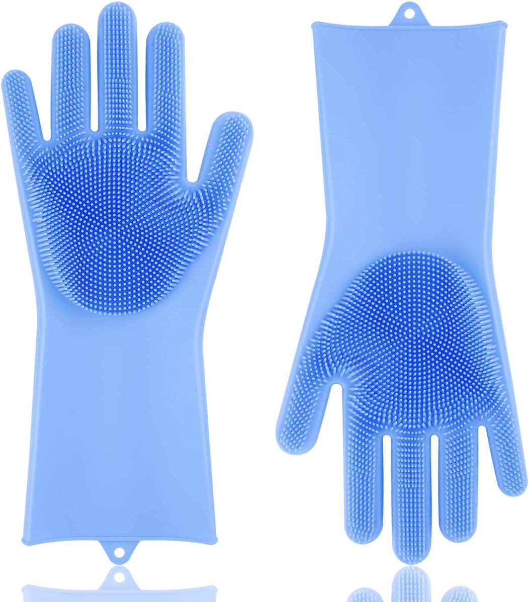 OPOLEMIN Silicone Gloves with Cleaning Brush Scrubber Silicone Dishwashing Gloves with Heat Resistant for Washing, Cleaning, Household, the Car, Pet Hair Care（Blue）
