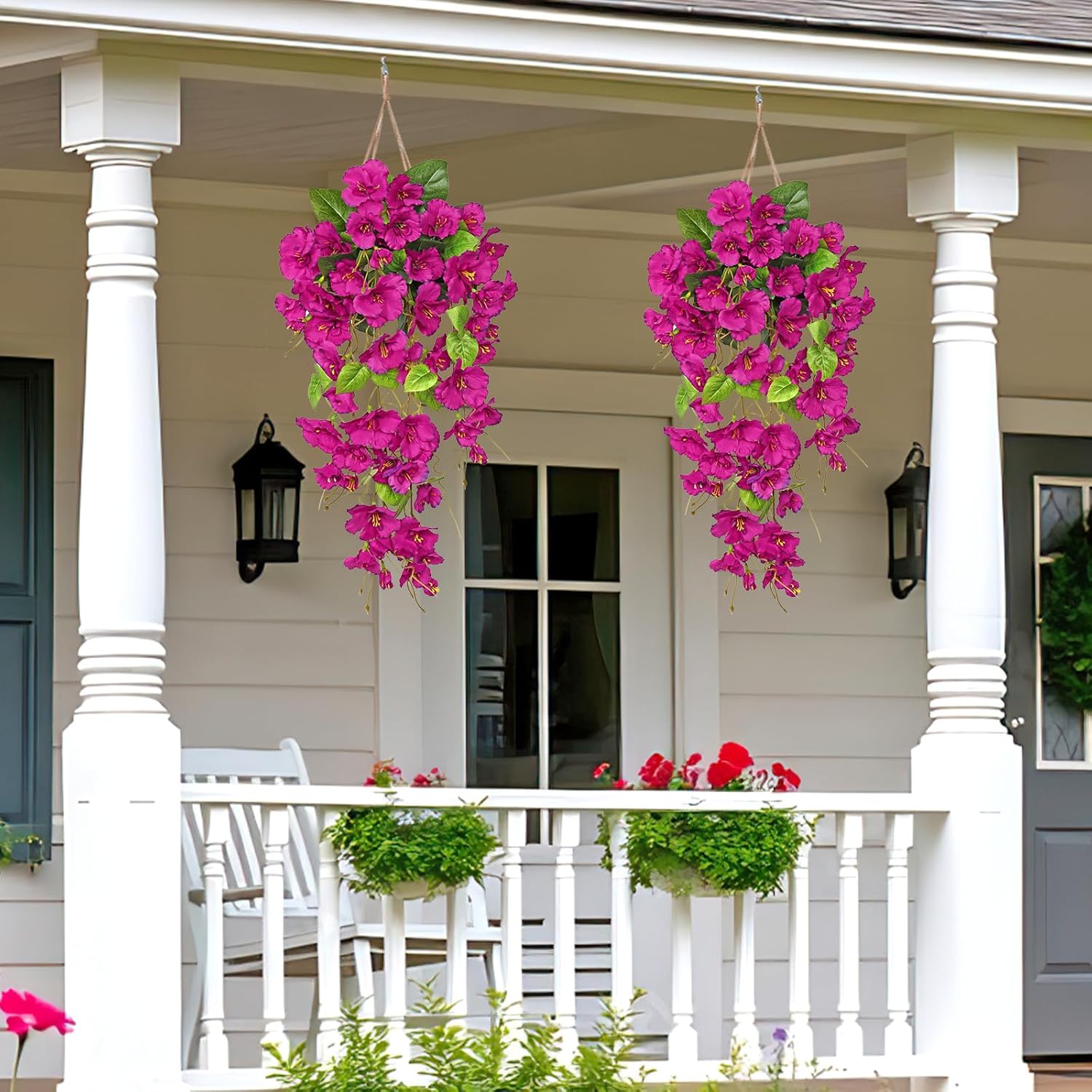 Dremisland Artificial Hanging Flowers for Outdoors,2PCS Artificial Hibiscus Hanging Flowers Plants UV Resistant Silk Flower Long Trailing Vines for Outside Wall Home Porch Patio (Fuchsia, 2PCS) - Image 4