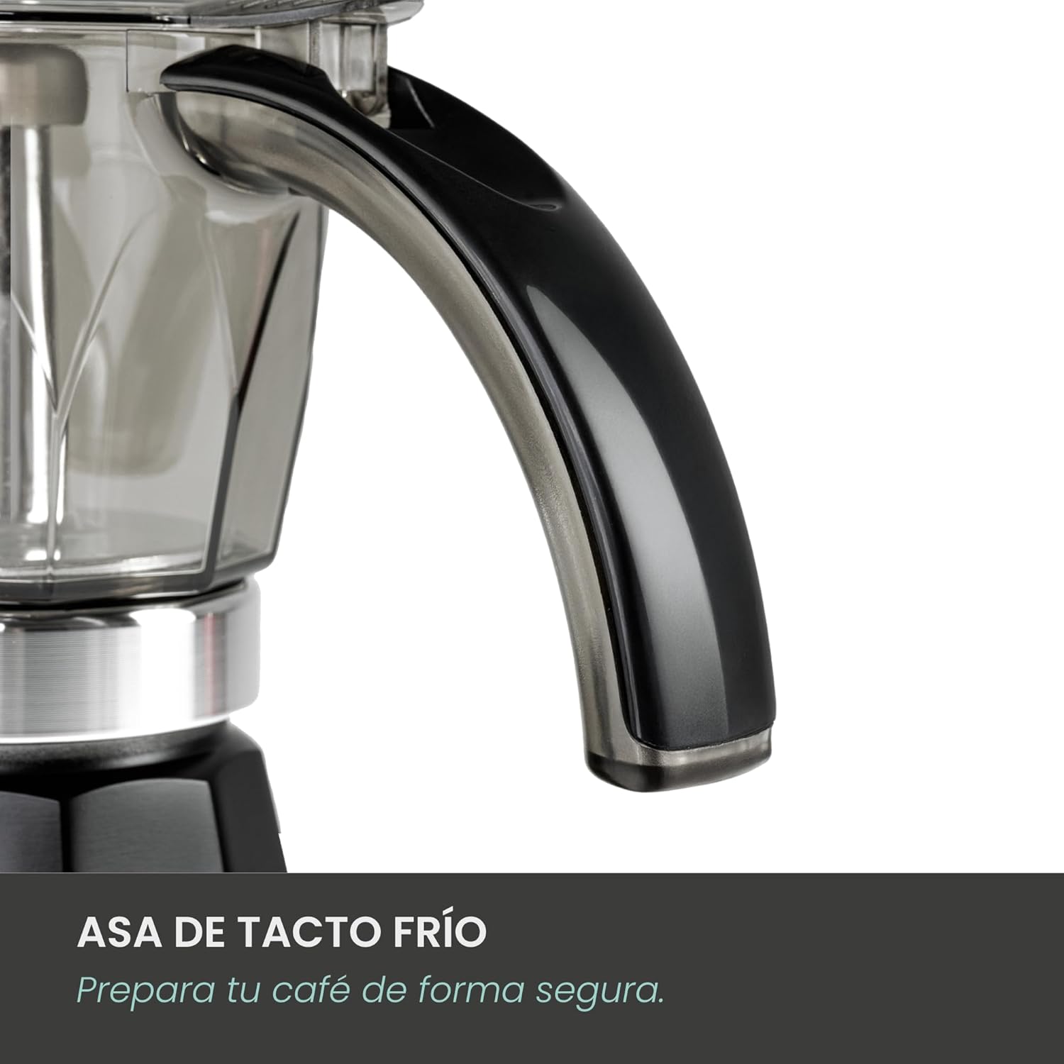 Close-up of the cool-touch handle on the Jocca electric coffee maker.