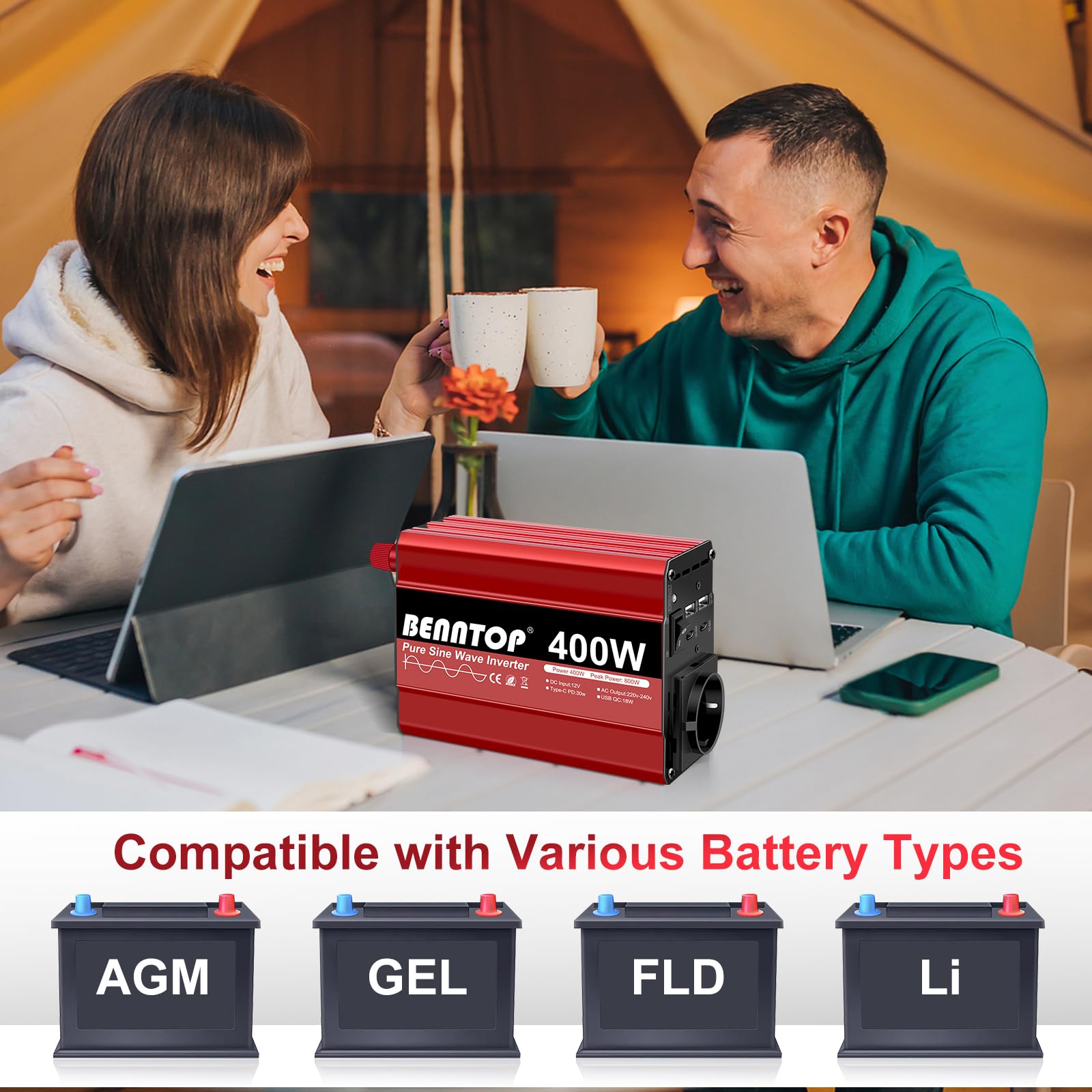 400W Wechselrichter 12v auf 230v Spannungswandler Reiner Sinus mit EU Buchse, Typ-C, USB Anschluss,Stromwandler Auto Adapter mit Zigarettenanzünder für iPhone, iPad, Tablet