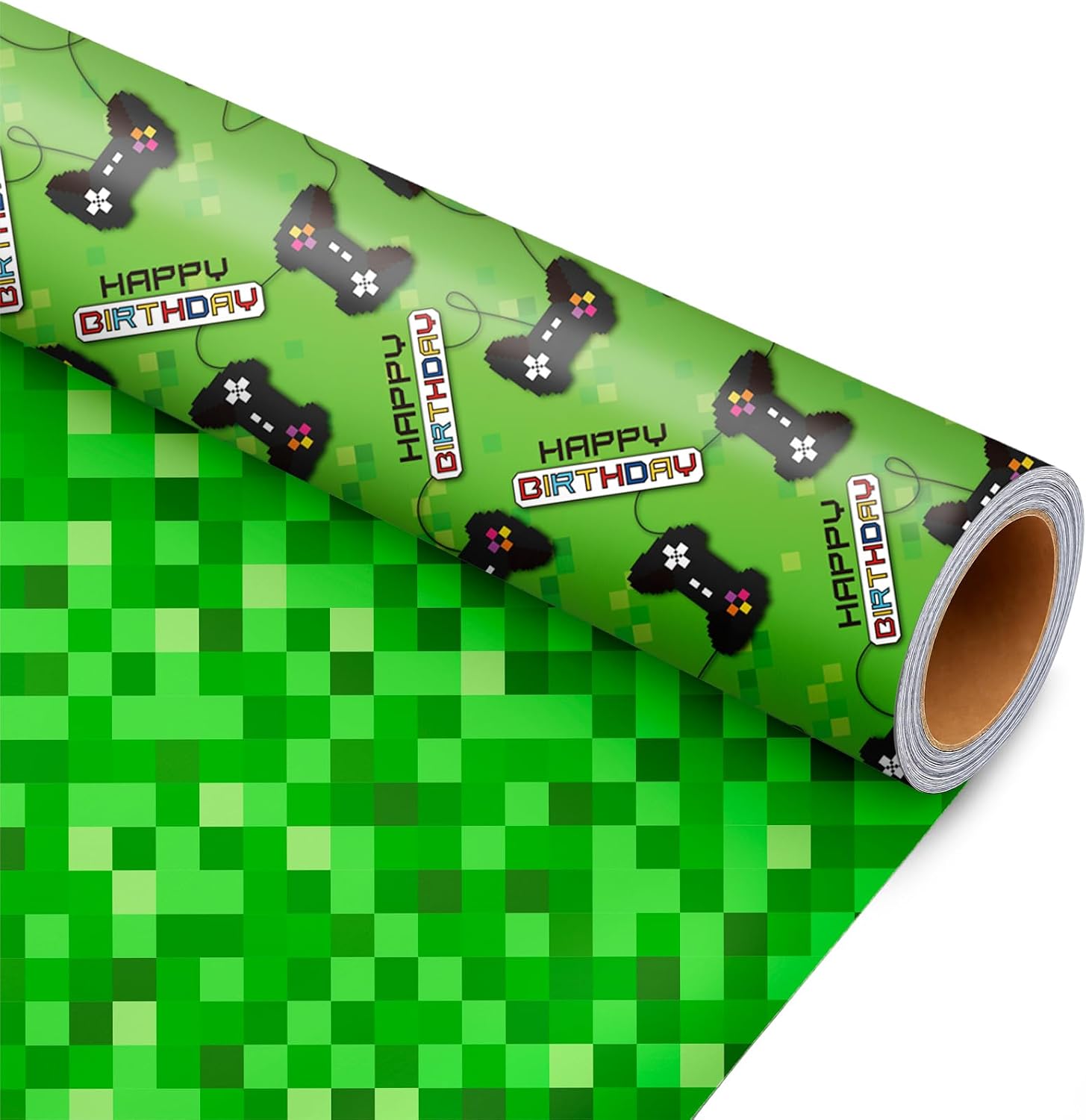 MuCzJn Reversible Gaming Wrapping Paper Roll – Green Controller Design with Pixel Grid Back – Gift Wrap for Birthdays & Holidays, for Kids, Boys & Gamers – 17 Inches x 16.5 Feet (24 sq. ft)