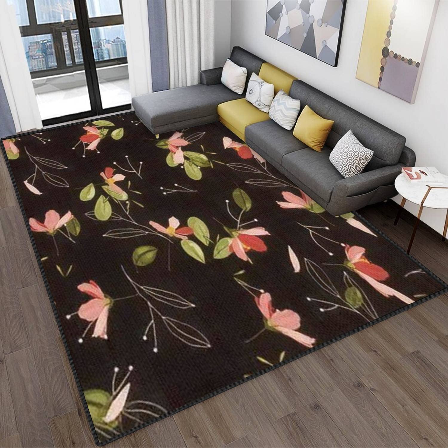 MJKIODPEV Area Rugs Memphis Colorful Template on Dark Blue Hand Drawn Green Leaf and Pink Modern Area Rug Abstract Soft Non-Slip Floor Carpet Indoor/Outdoor Rugs for Living Room Bedroom Kids Room