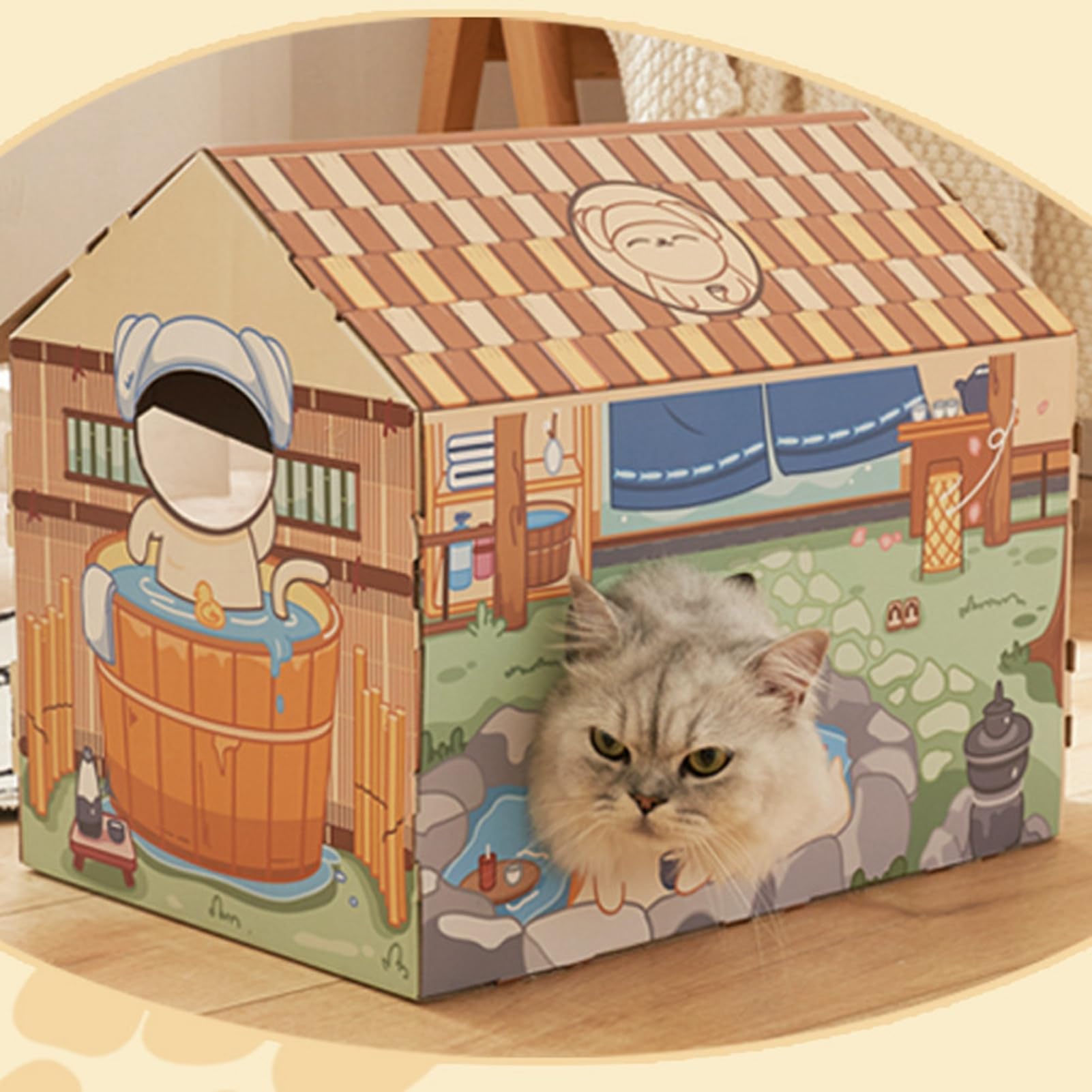 Tyenaza Casetta per Gatti in Cartone, Casetta da Gioco per Gatti Portatile con Erba Gatta per Gatti, Casetta da Gioco Nascondiglio per Piccoli Animali (Casa del caffè)