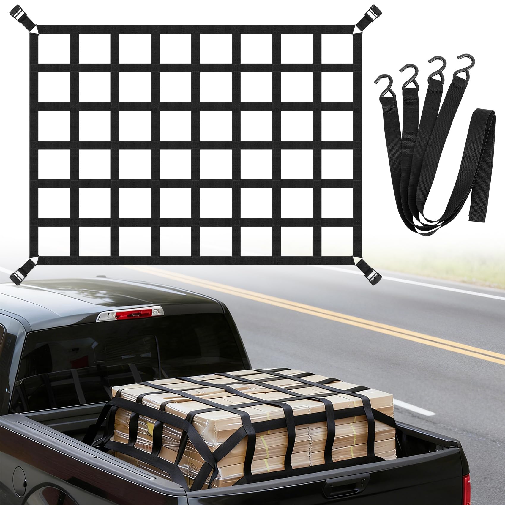 KOMCLUB Red de Malla Reforzada para Caja de camioneta Pickup | Accesorio de seguridad vial, impide que los objetos salgan despedidos en la carretera