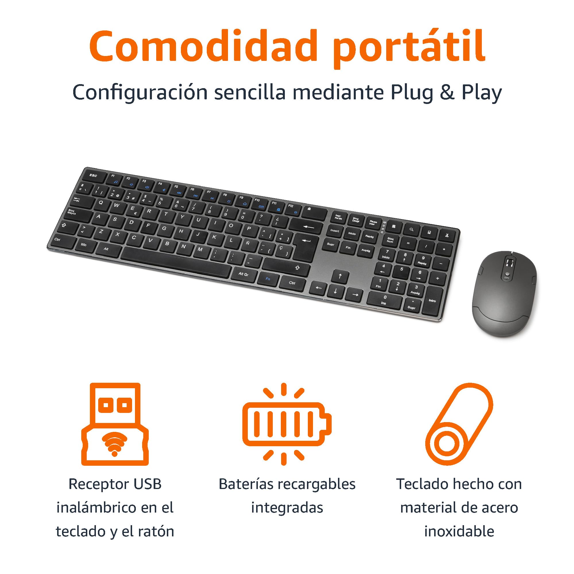 Amazon Basics Teclado ultrafino de tamaño completo y ratón inalámbrico, silencioso y recargable con teclado numérico, ES/MX Layout Gray, color negro