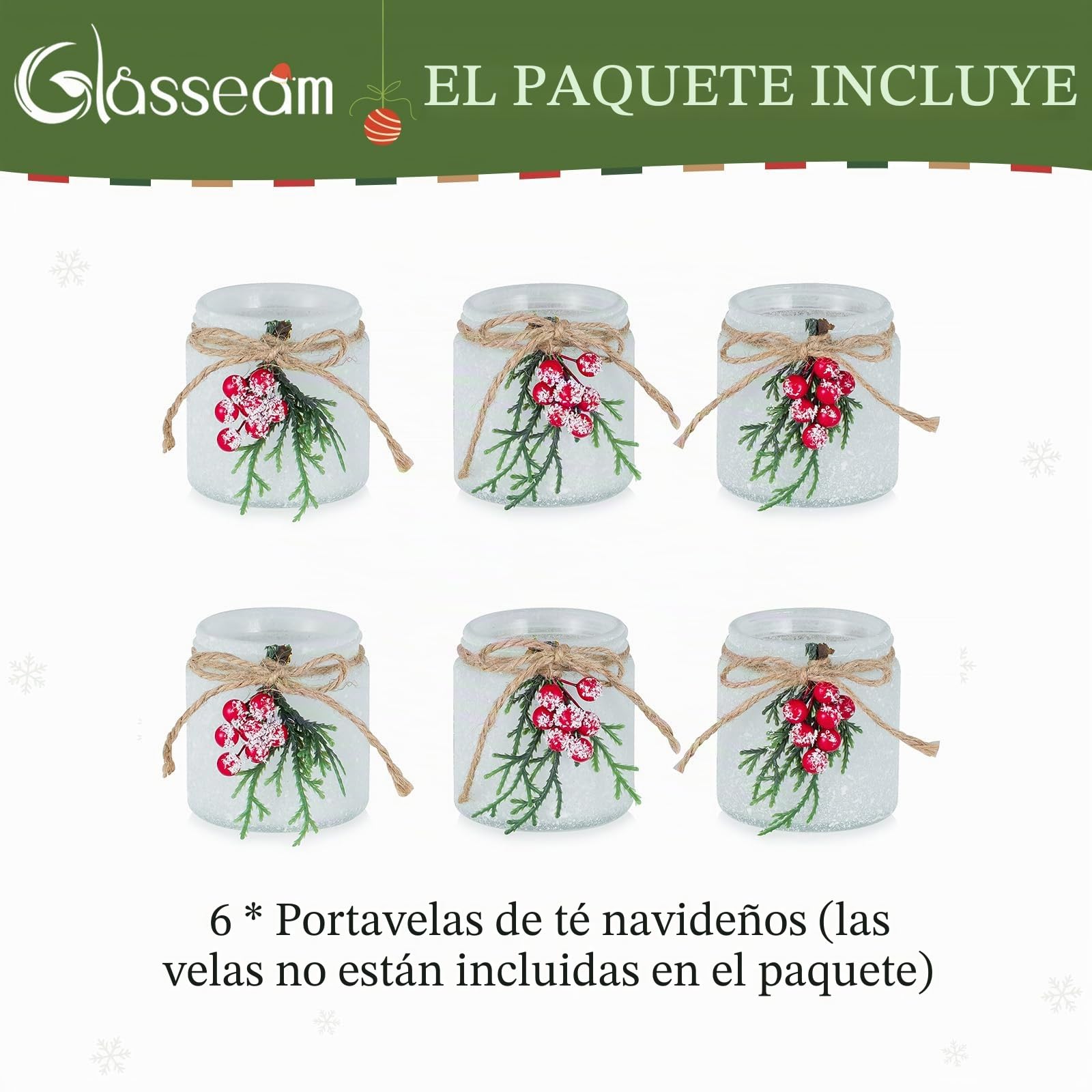 Glasseam Candelabros NavideñOs Decorativos: Juego De 6 Candelabros De Vidrio con Forma De Bayas Rojas Y Agujas De Pino para Centros De Mesa.
