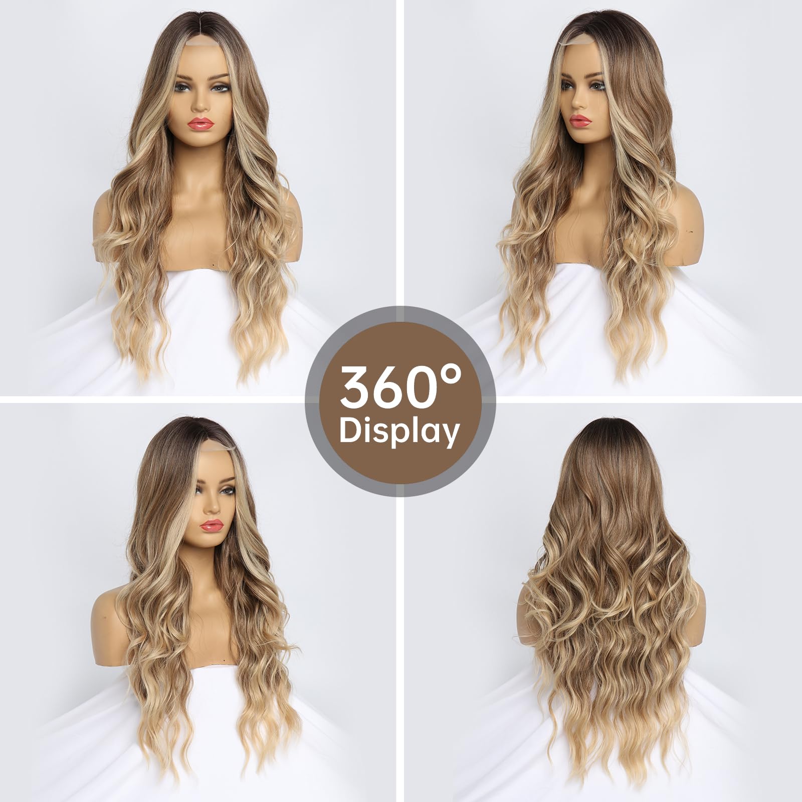 Peluca larga rubia para mujer, parte media, pelucas onduladas rubias degradadas, de aspecto natural, pelucas de fibra sintética resistente al calor, para uso diario en fiestas (26 pulgadas) 5