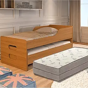 Bicama Solteiro com 2 Colchões D33, Design Moderno, Cama Auxiliar Retrátil (Nature)