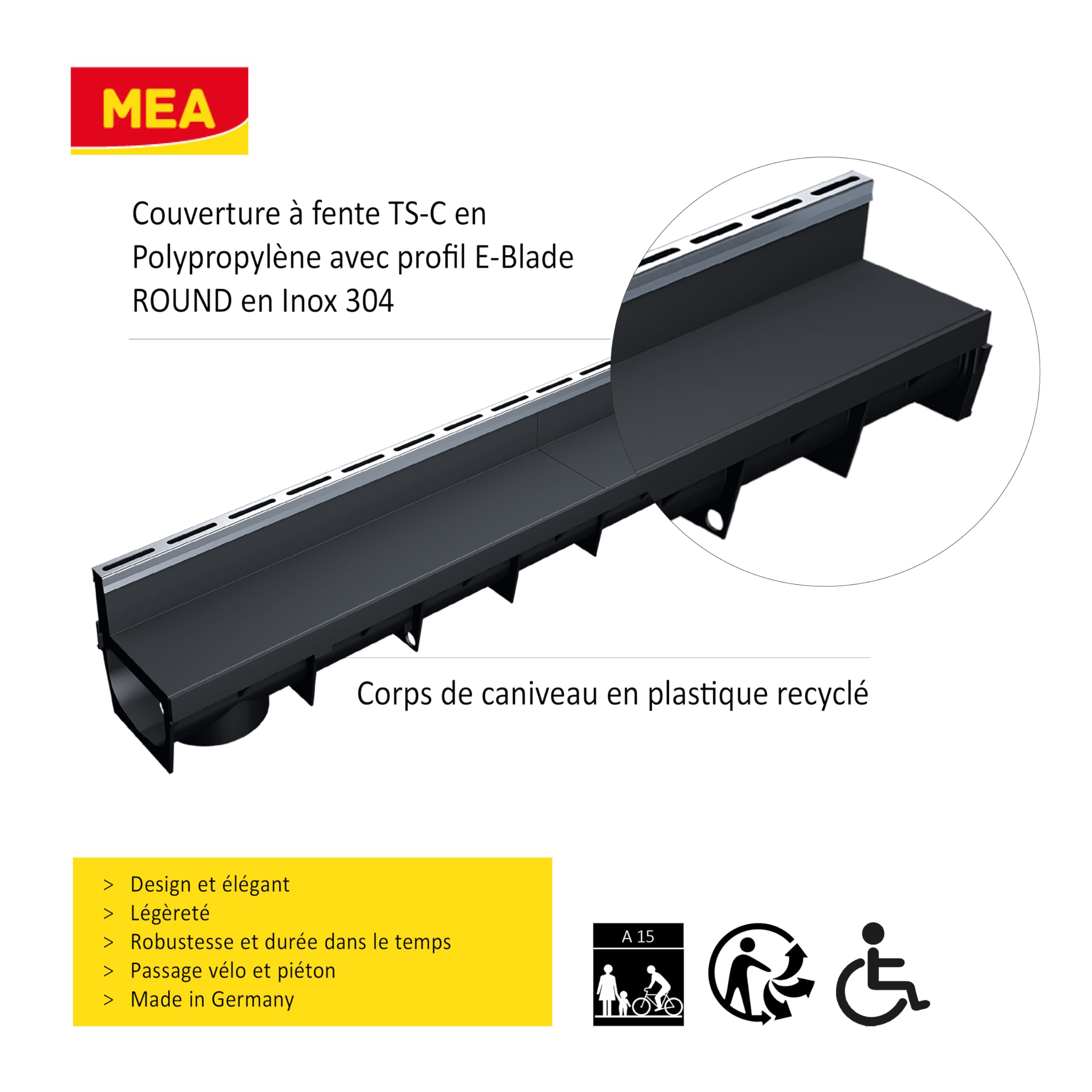 MEA Pack de 9 Caniveaux Extérieurs MEAPARK – Grille à Fente en PP Recyclé + Profil E-Blade R en INOX – Drainage Terrasse, Piscine, Jardin – Classe A15 Piéton – Largeur utile 10 cm
