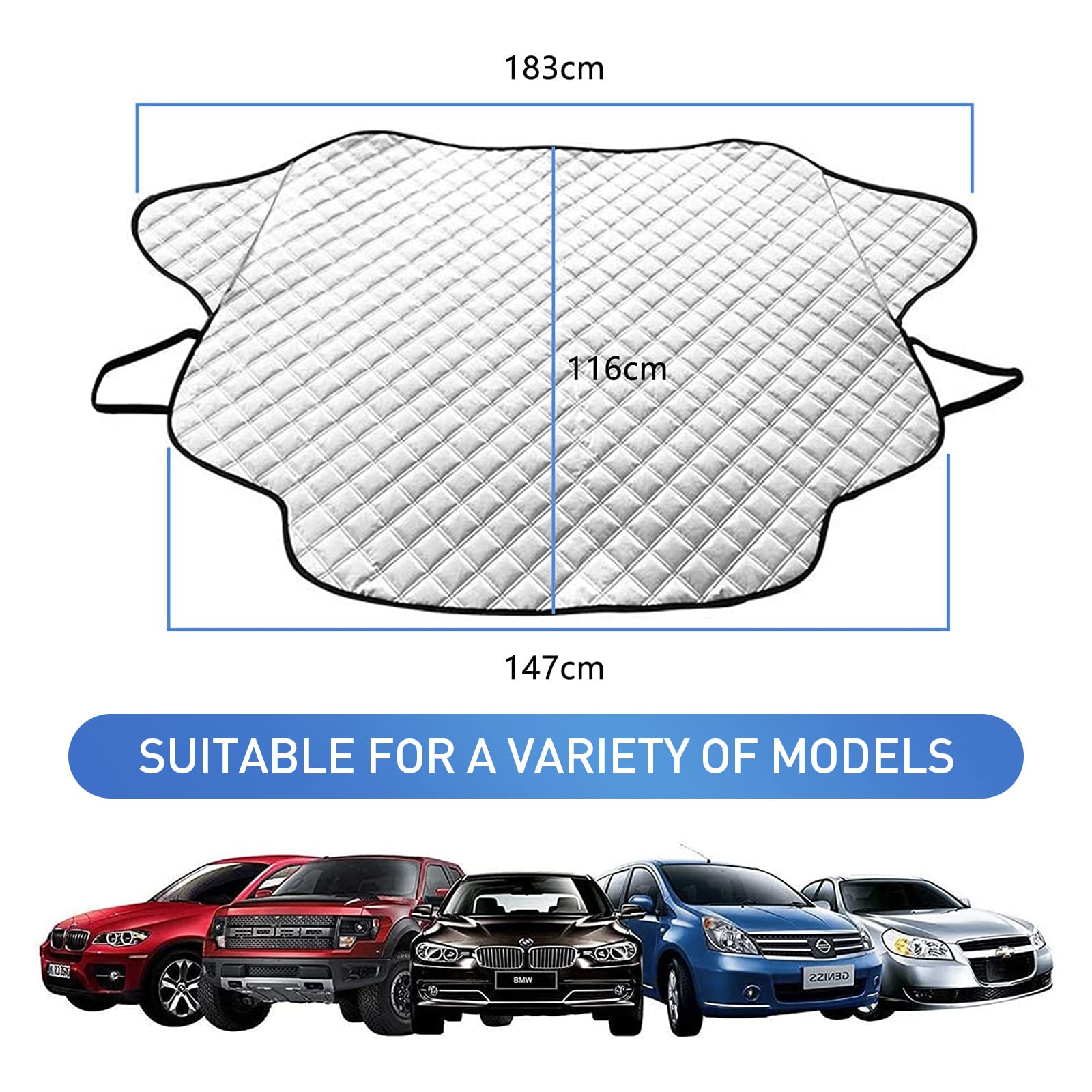 Viedouce Couverture Pare-Brise Voiture, Bâche Pare Brise Voiture Protection Magnétique Couverture, 4 Couches Protege Givre pour Voiture Anti Neige/Soleil/Poussière pour Hiver (183 x 116 Cm)