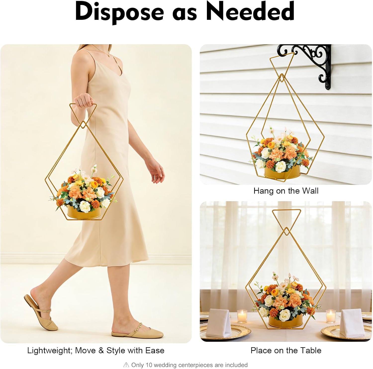10 Pcs Metal Geometric Gold Centerpiece,Gold Vases Wedding Table Centerpiece,Floral Centerpieces Diamond Vase for Party Decoration