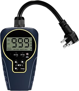 Techbee Repeat Cycle Timer Plug Outlet, 15A 1HP | 1 s to 999 h Interval, Short/Long On-Off, Countdown, Light Sensor, Waterproof for Outdoor