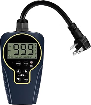 Techbee 1 s to 999 h Short/Long On-Off Interval Repeat Cycle Timer Plug Outlet with Countdown and Light Sensor, Waterproof for Outdoor (15A 1HP)