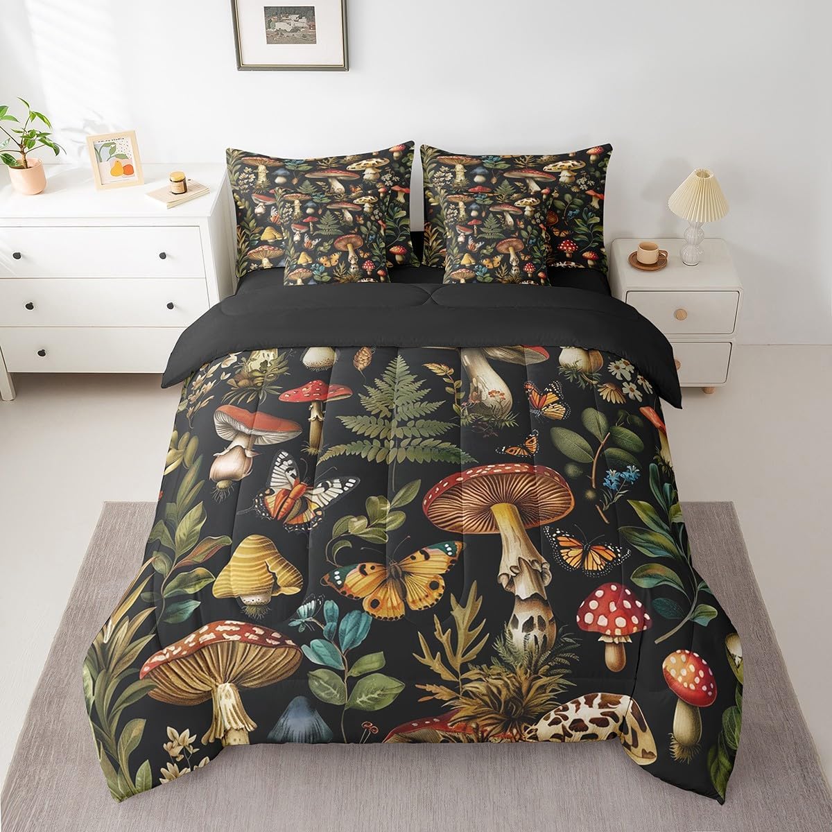 Erosebridal Mushroom 7 Piece Comforter Set Full Size,Natural Botonical Wild Plants Bed in a Bag with Flat Sheet and Fitted Sheet,Retro Jungle Butterfly Wildlife Bedding Set with Pillowcase & Sham